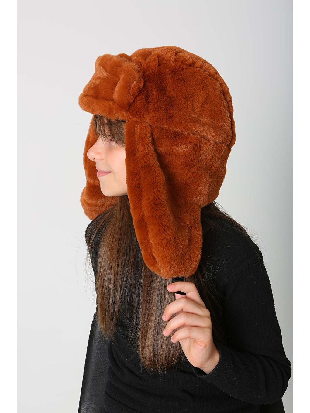 Kahverengi Çocuk Çıtçıtlı Kürklü Kulaklıklı Pelüş Bere Şapka RKŞ Ç 03 Kiremit-3