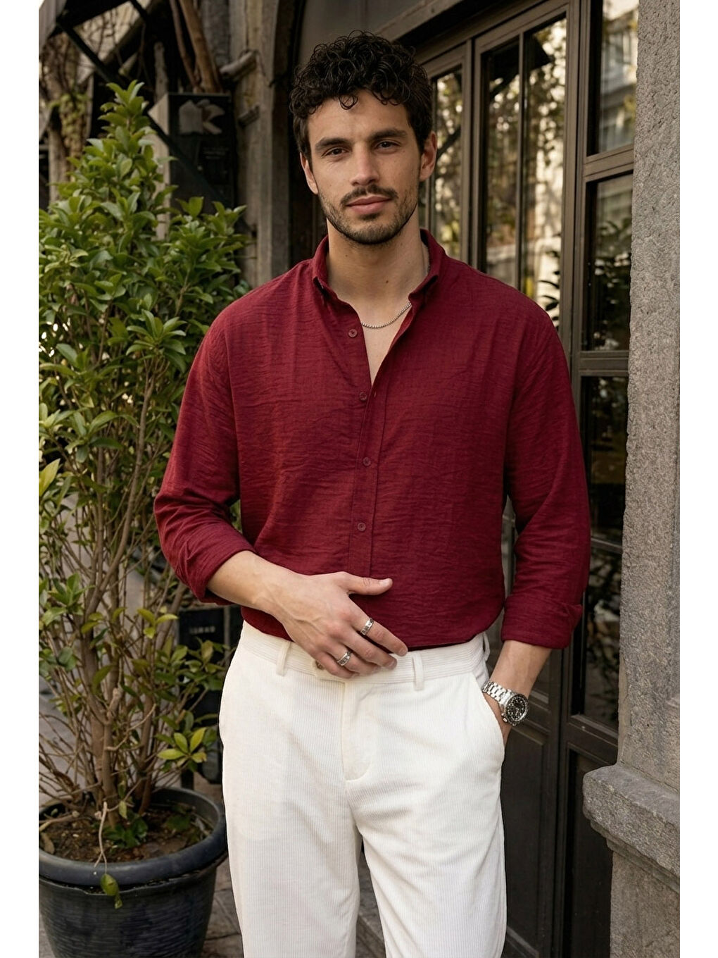 Bordo Napas Erkek Oversize Keten Görünümlü Gömlek