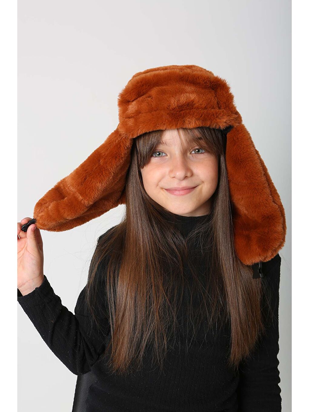 Kahverengi Çocuk Çıtçıtlı Kürklü Kulaklıklı Pelüş Bere Şapka RKŞ Ç 03 Kiremit-4