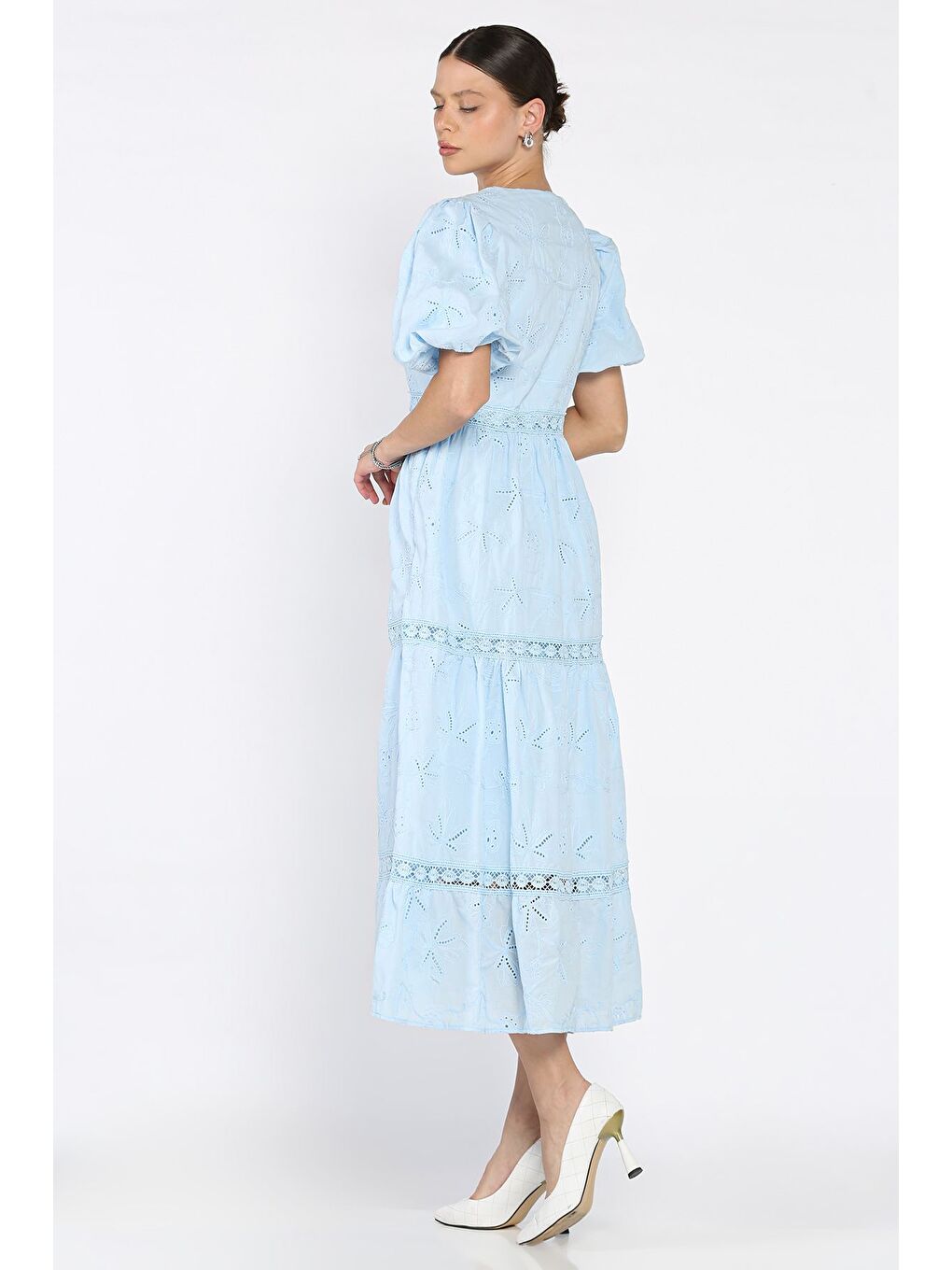 Mavi Kadın V Yaka Balon Kol Fırfırlı Brode Elbise-2