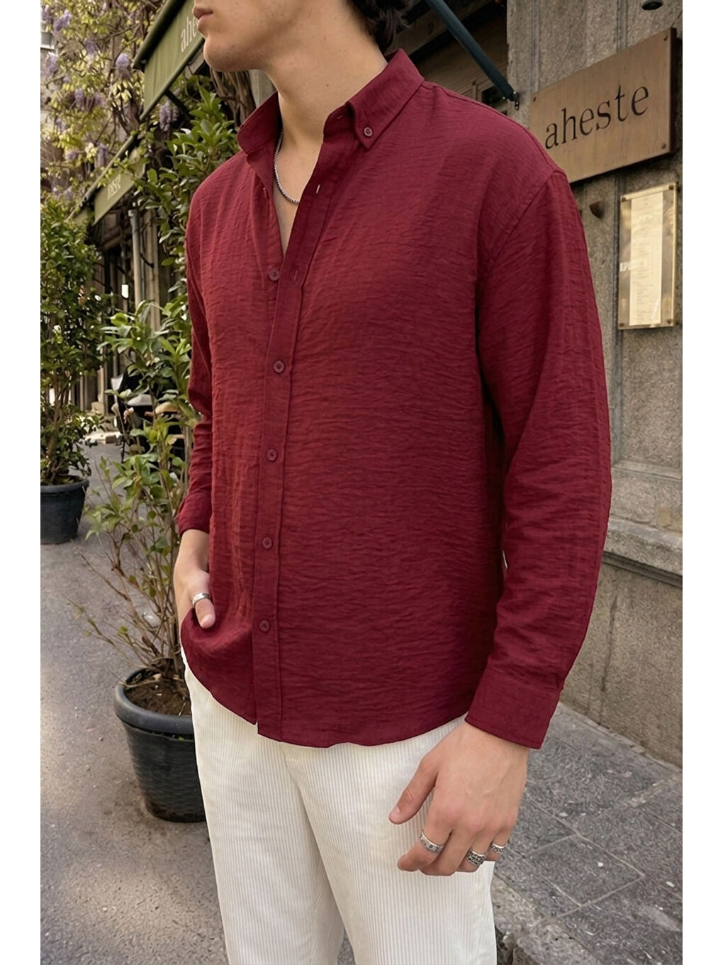 Bordo Napas Erkek Oversize Keten Görünümlü Gömlek-1