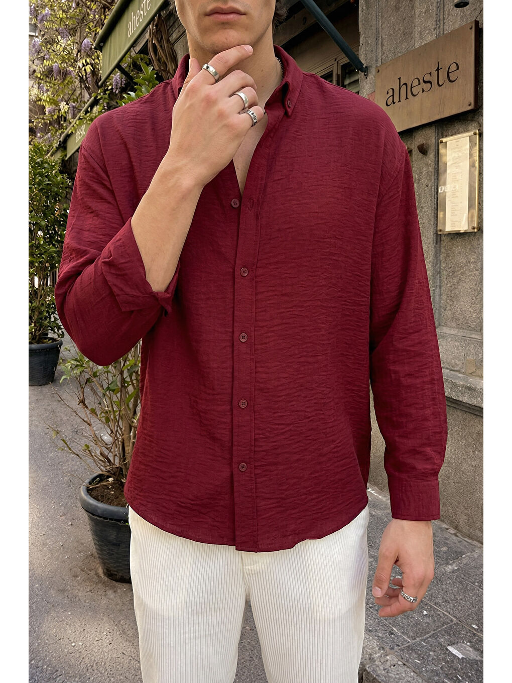 Bordo Napas Erkek Oversize Keten Görünümlü Gömlek-2