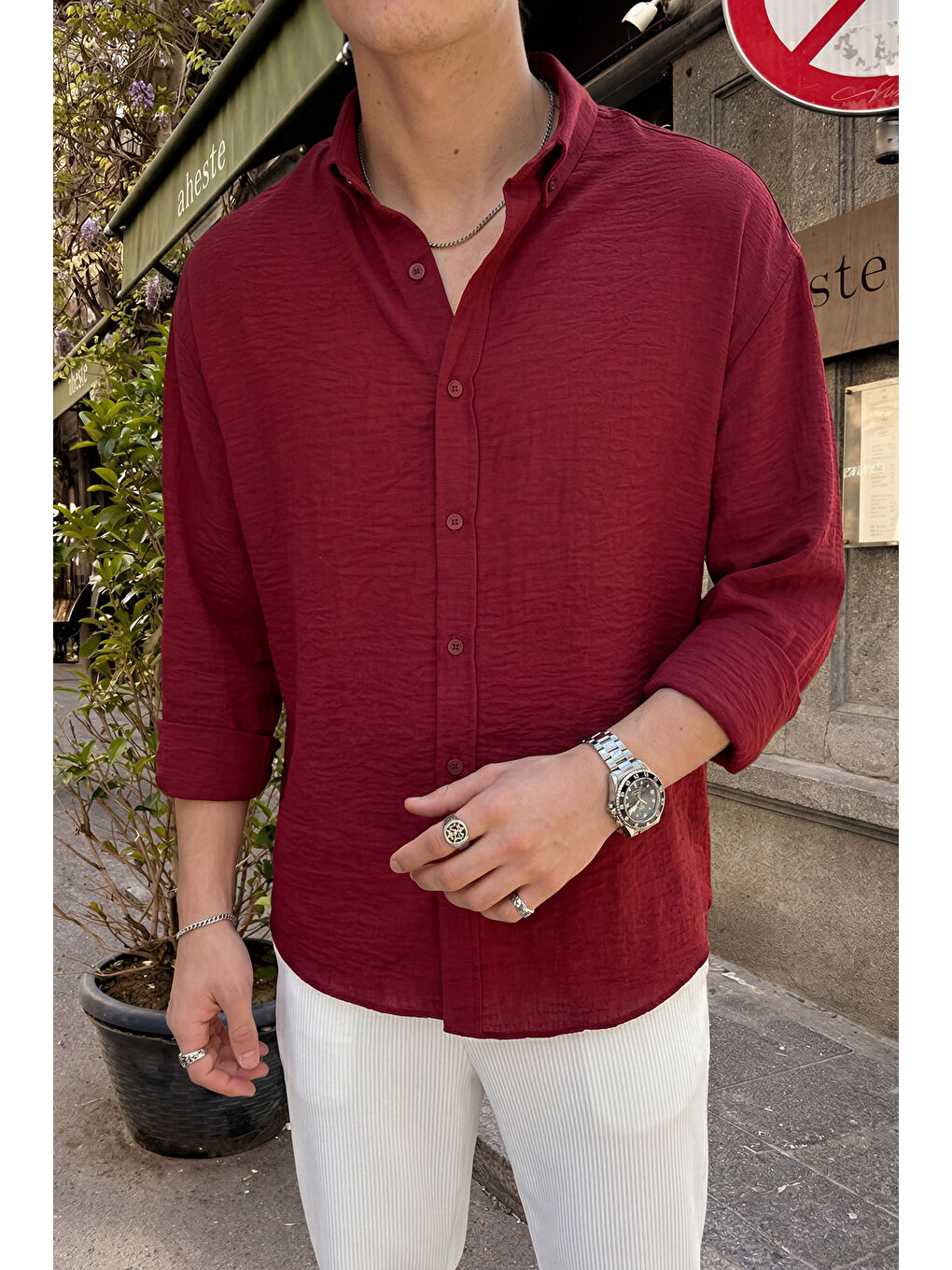 Bordo Napas Erkek Oversize Keten Görünümlü Gömlek-3