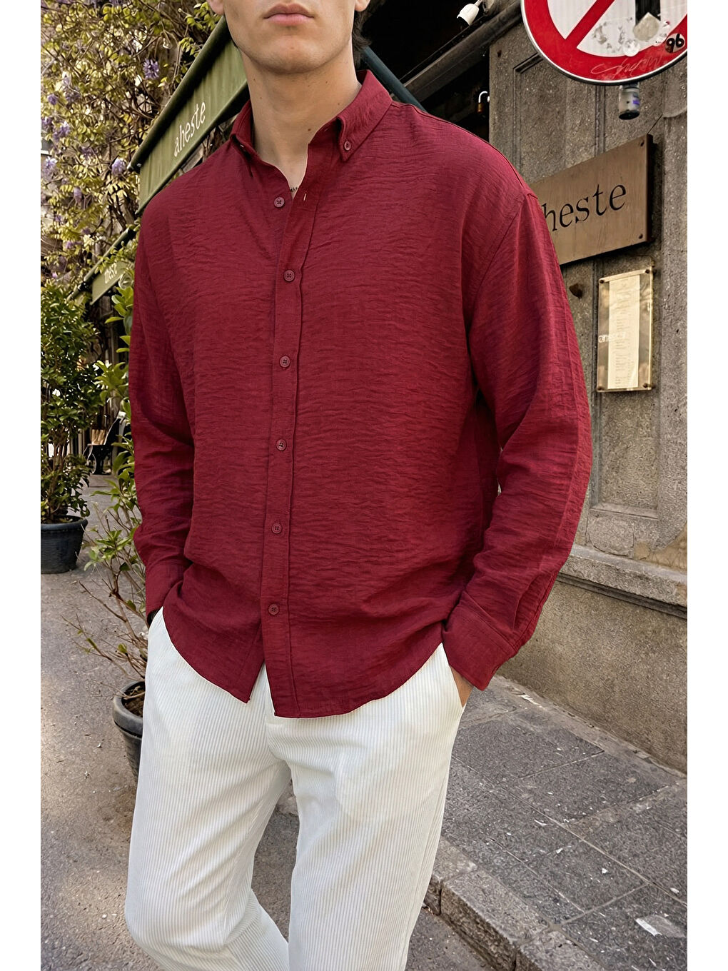 Bordo Napas Erkek Oversize Keten Görünümlü Gömlek-4