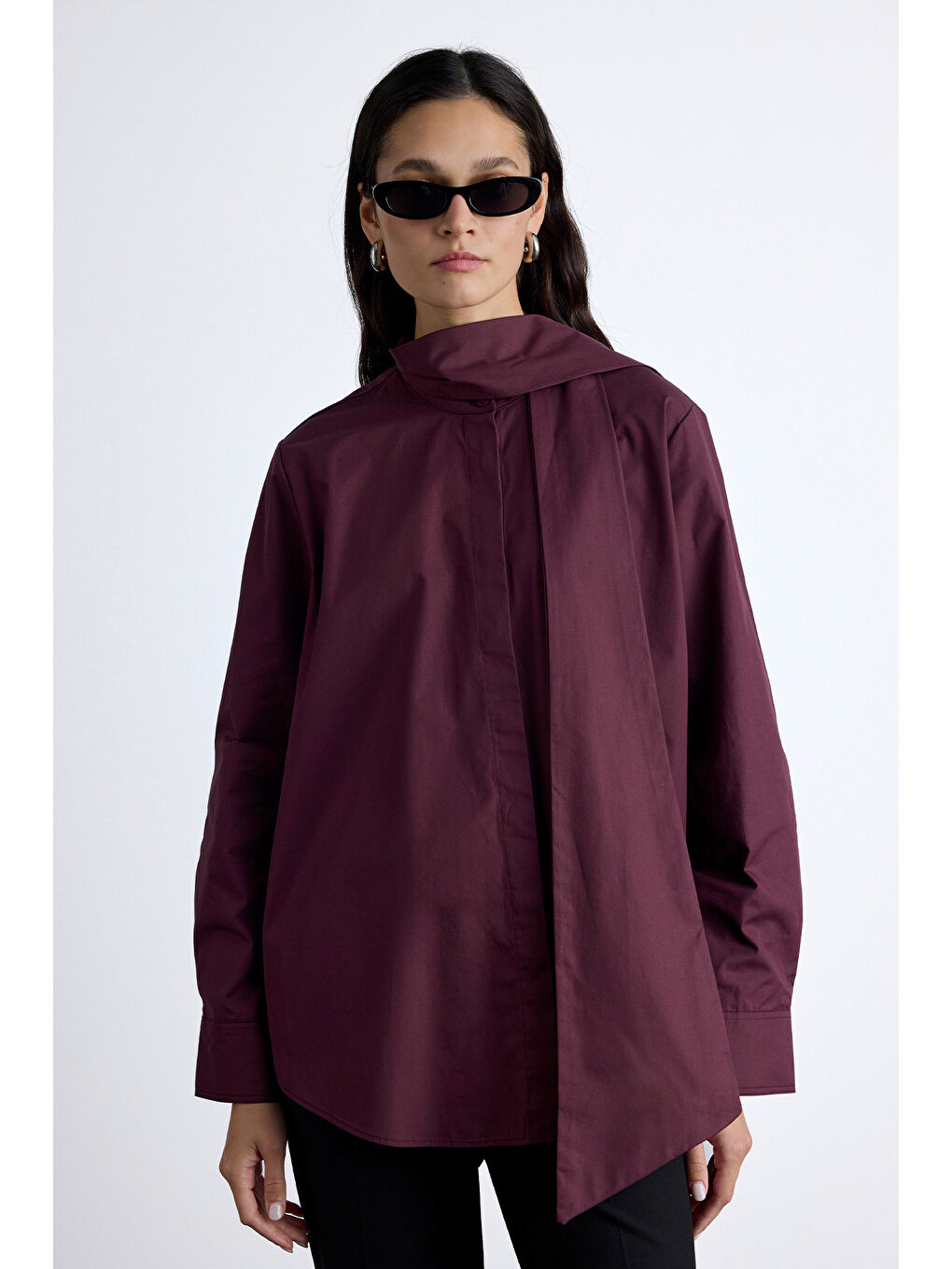 Fular Detaylı Premıum Gömlek Bordo-3