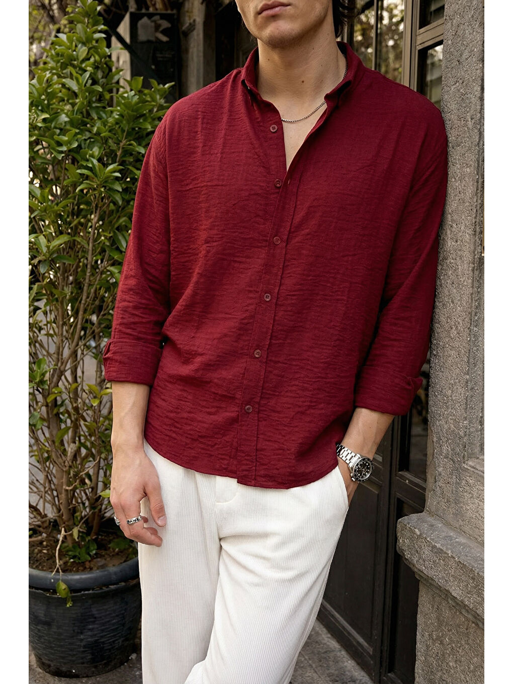 Bordo Napas Erkek Oversize Keten Görünümlü Gömlek-5