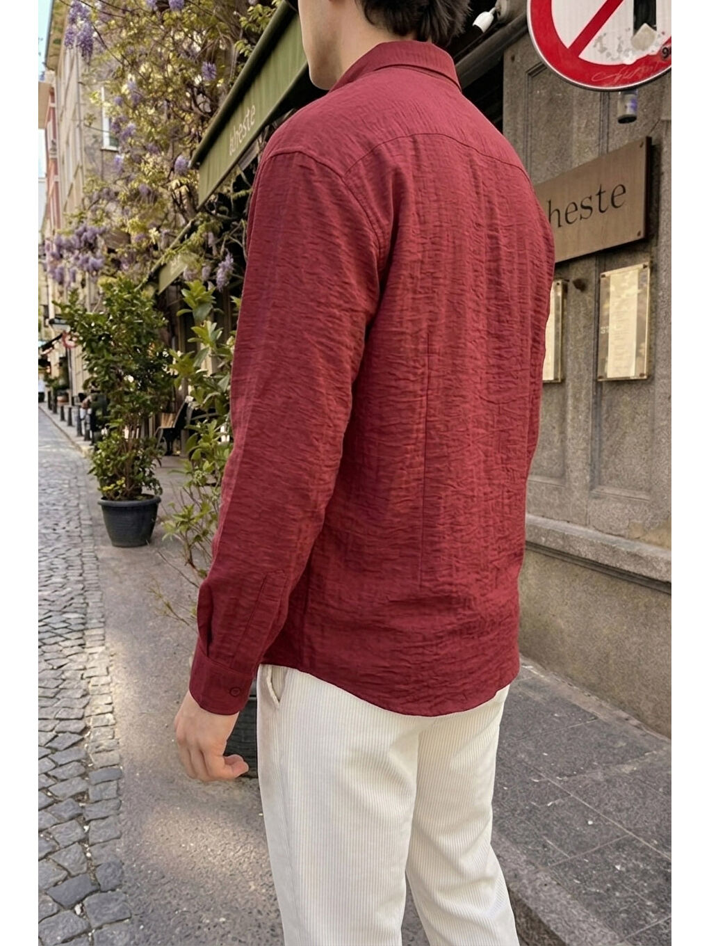 Bordo Napas Erkek Oversize Keten Görünümlü Gömlek-6