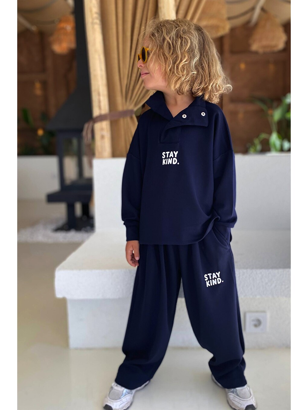Lacivert Unisex Çocuk Premium Kumaş Dik Yaka Salaş Alt Üst Eşofman Takımı-1