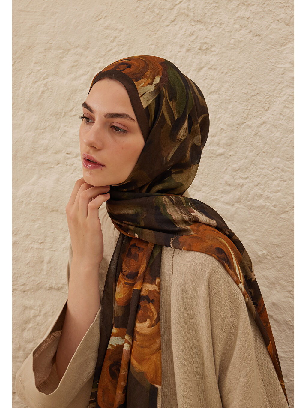 Kahverengi Summer Rose Desen Rami Şal Kahve-2