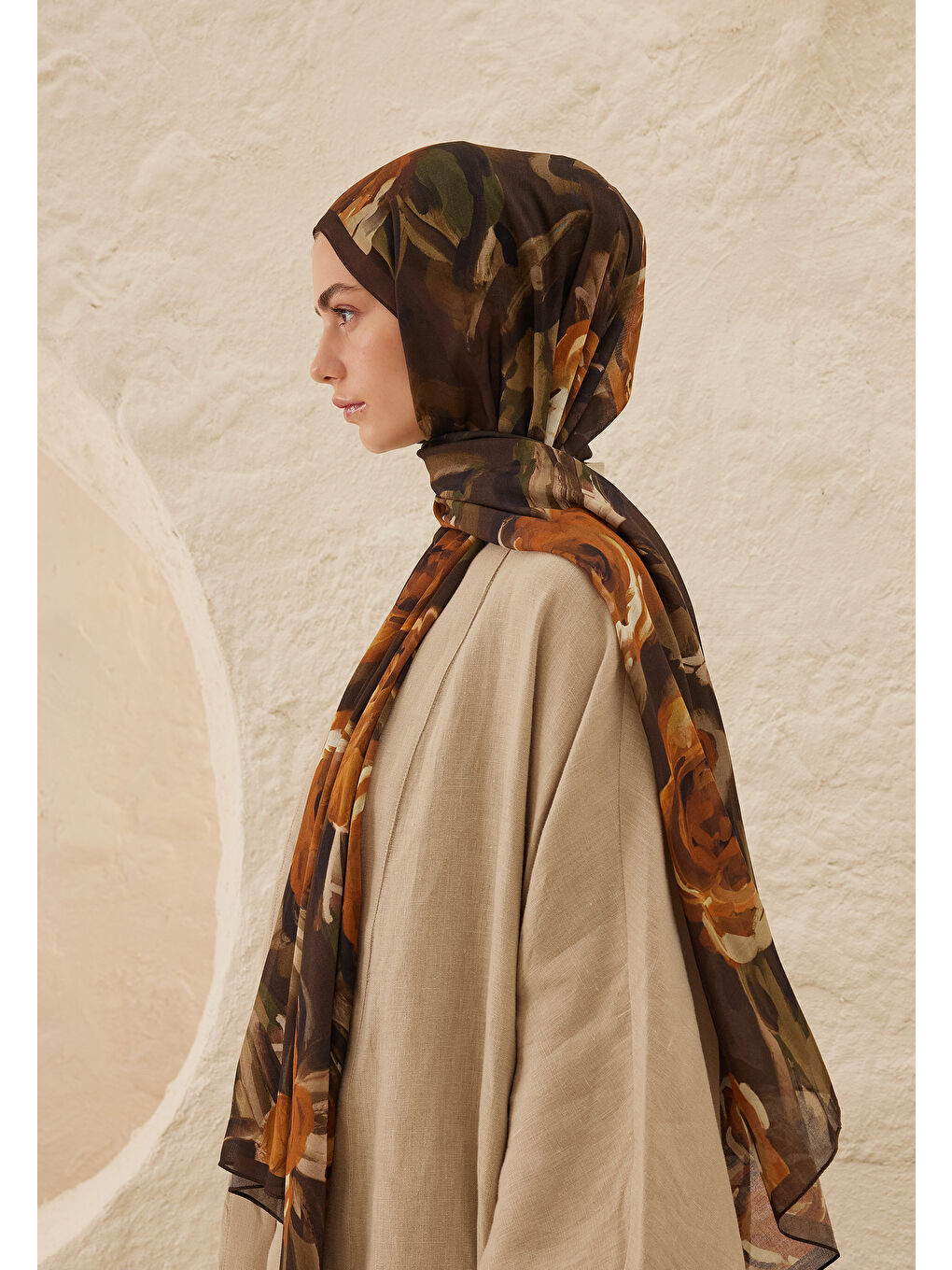 Kahverengi Summer Rose Desen Rami Şal Kahve-3