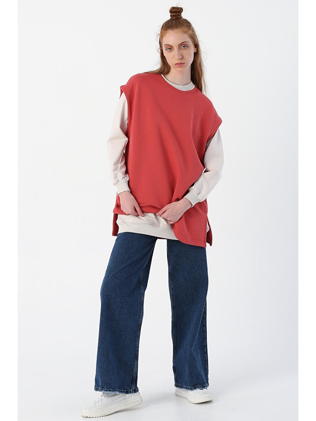 Pembe Gül Oversize Pamuklu Yırtmaç Detaylı Basic Süveter