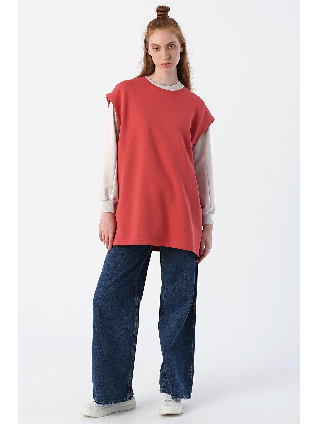 Pembe Gül Oversize Pamuklu Yırtmaç Detaylı Basic Süveter-1