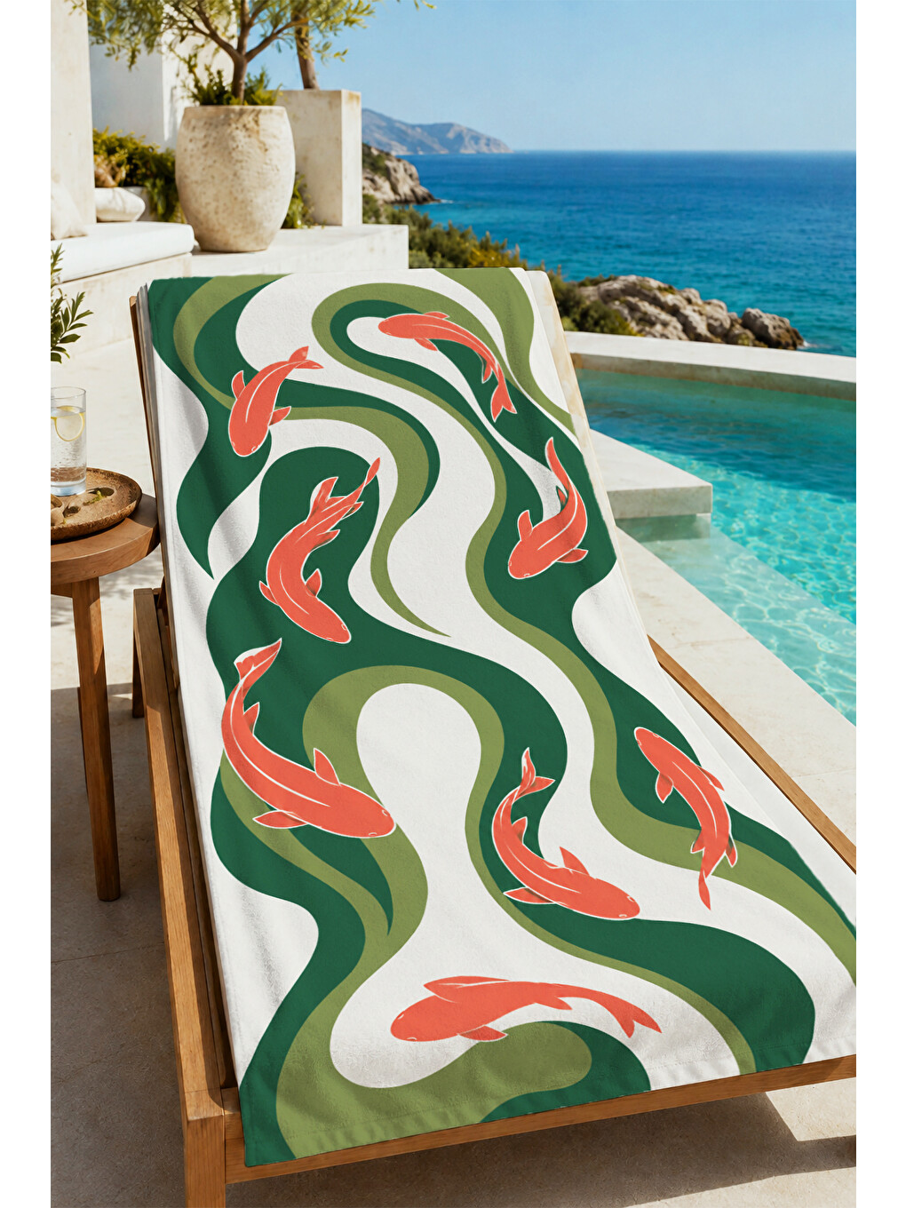 Retro Yeşil Mercan Flamingo Dalgalı Desenli 70x150 Plaj Havlusu - Dijital Baskılı Banyo Havlusu-1