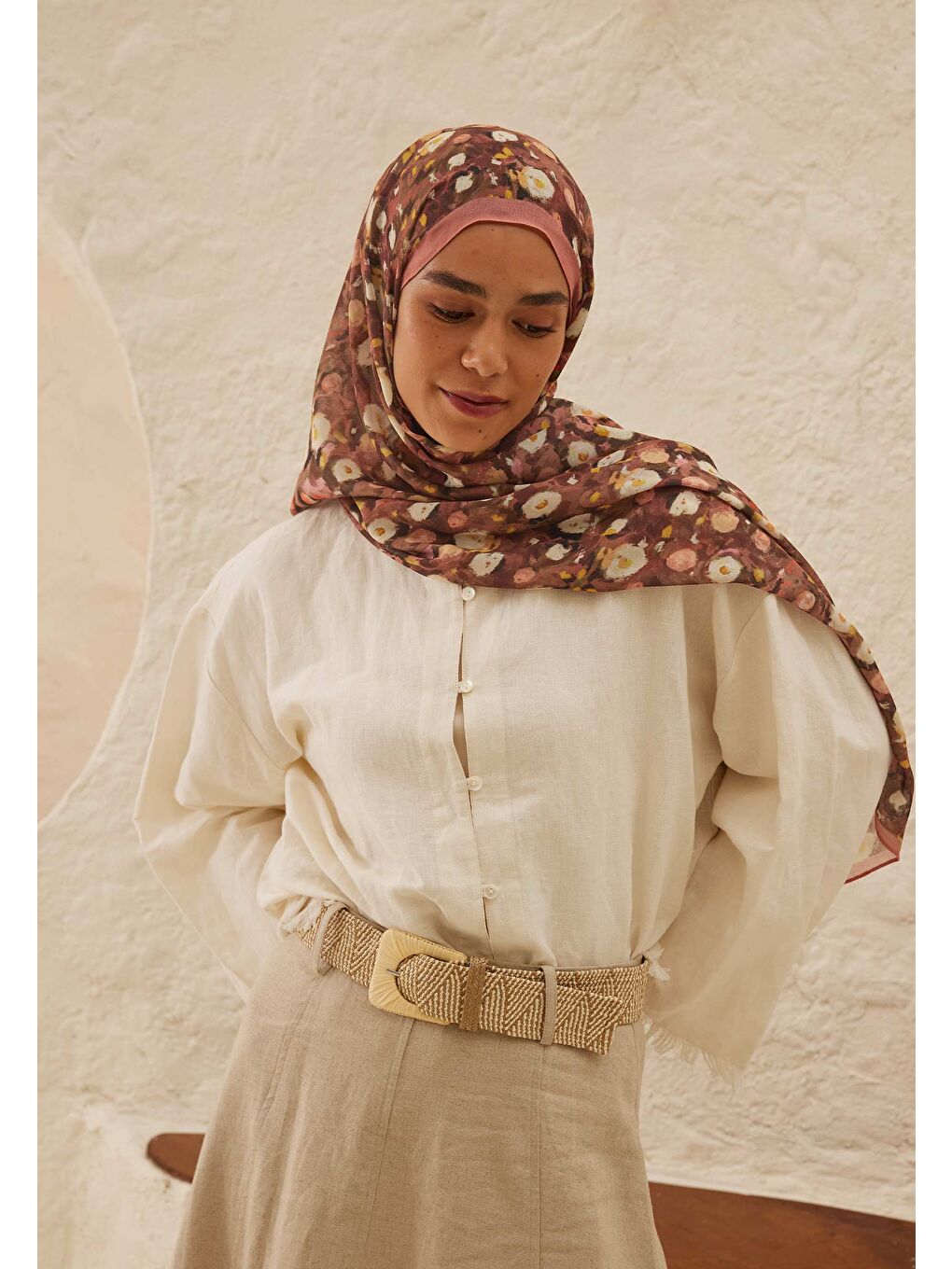 Pembe Agnes Desen Rami Şal Gülkurusu-3