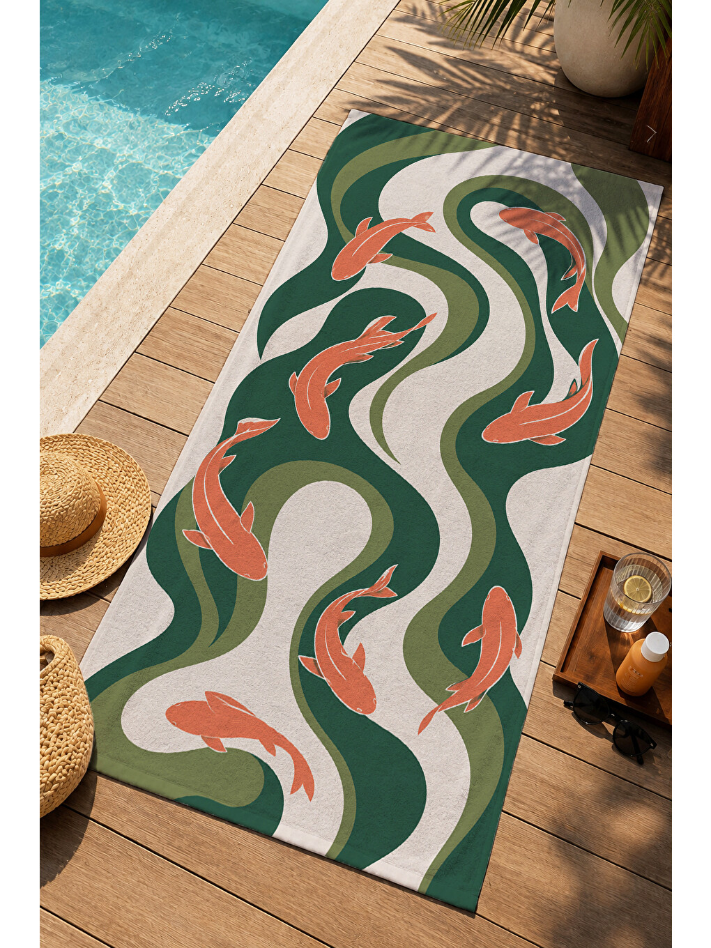 Retro Yeşil Mercan Flamingo Dalgalı Desenli 70x150 Plaj Havlusu - Dijital Baskılı Banyo Havlusu-3