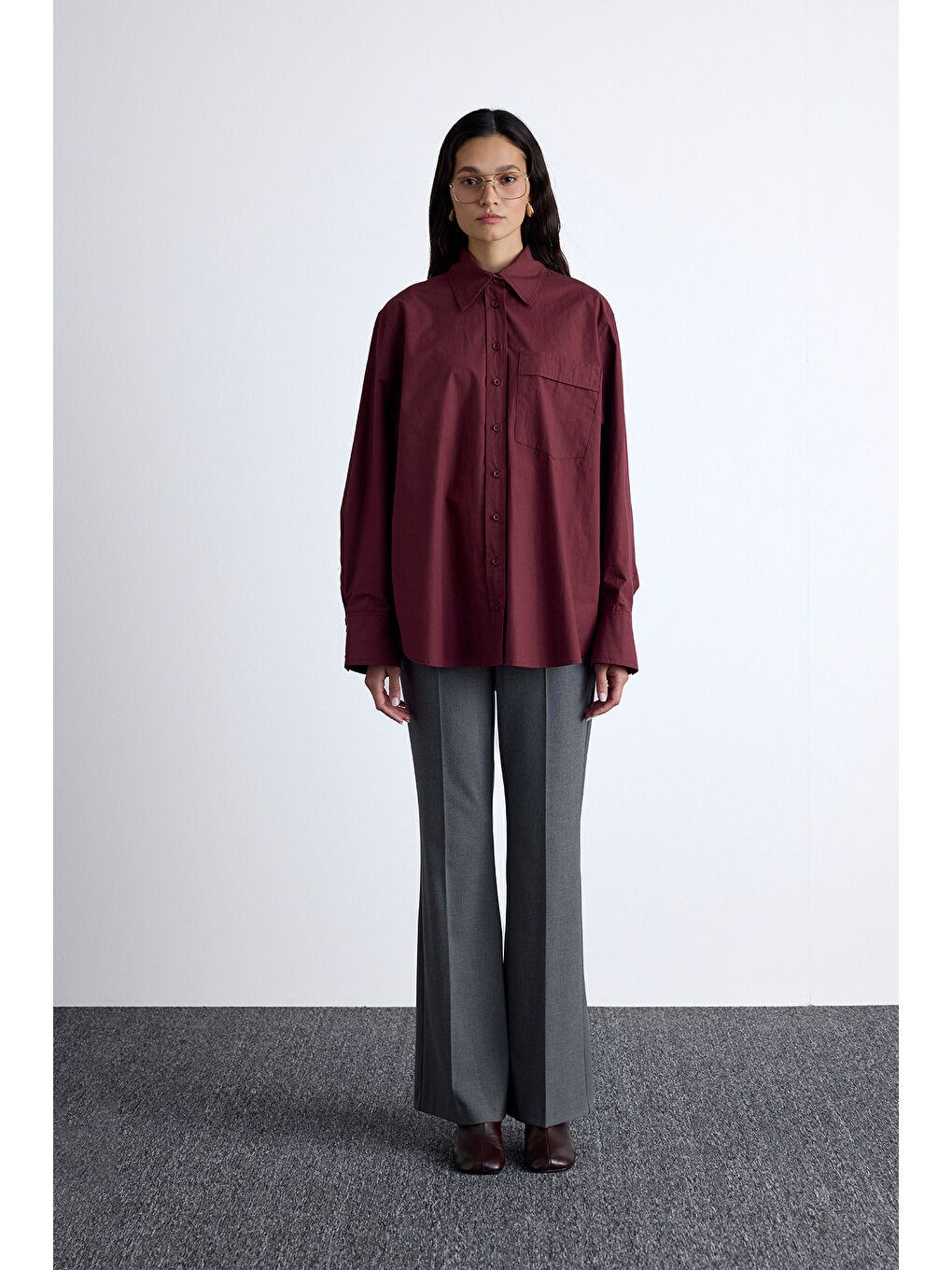 Pile Detaylı Oversıze Gömlek Bordo-1