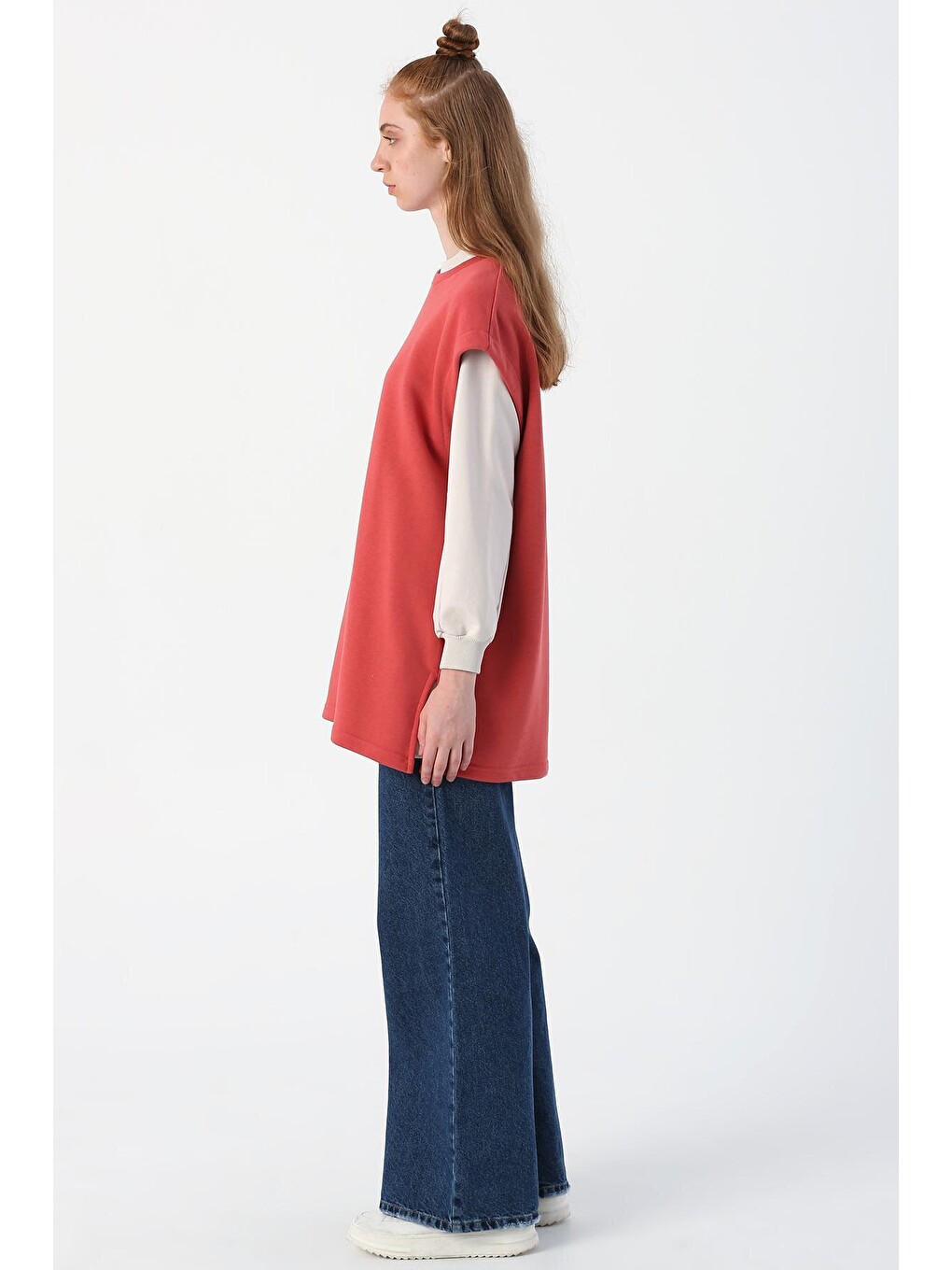 Pembe Gül Oversize Pamuklu Yırtmaç Detaylı Basic Süveter-2