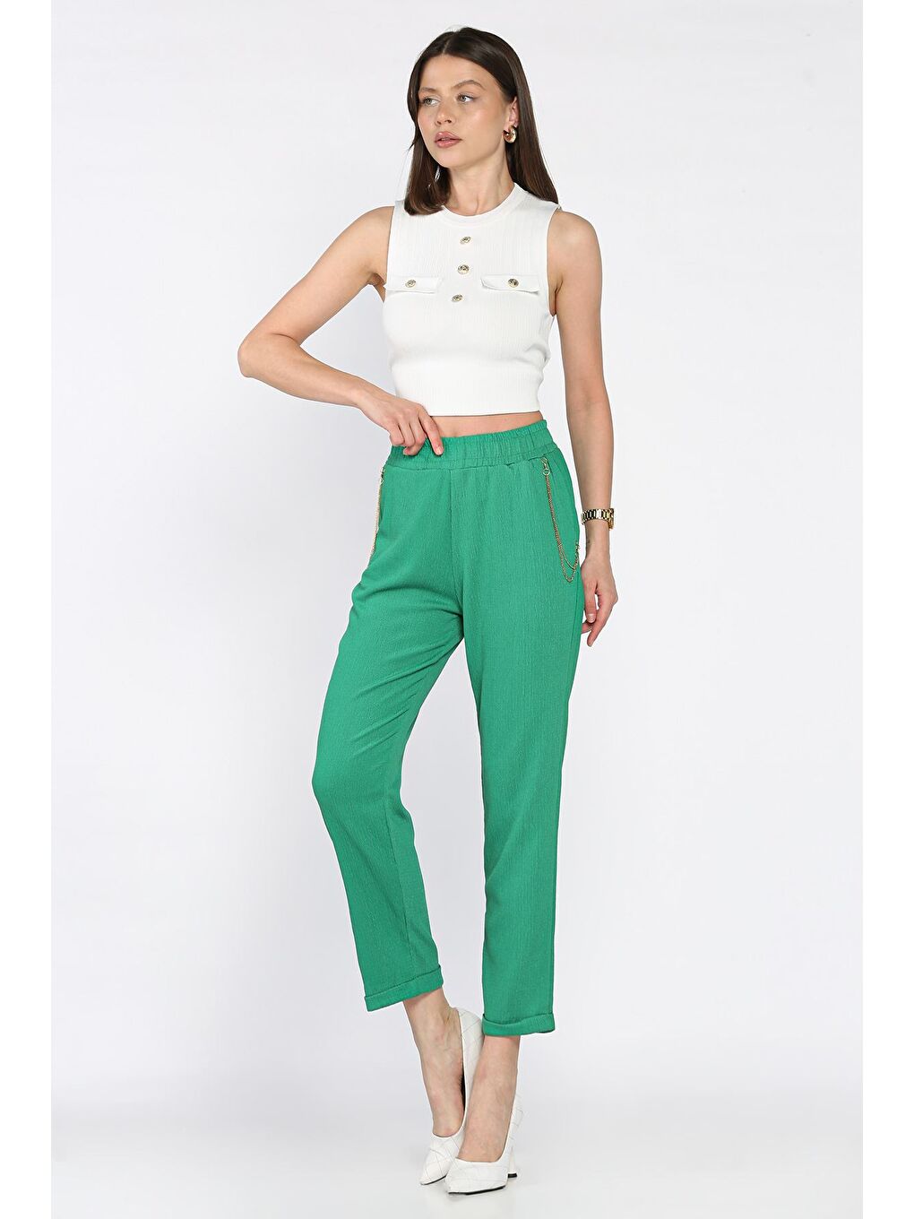 Yeşil Kadın Bel Lastikli Zincir Aksesuarlı Duble Paça Pantolon-1