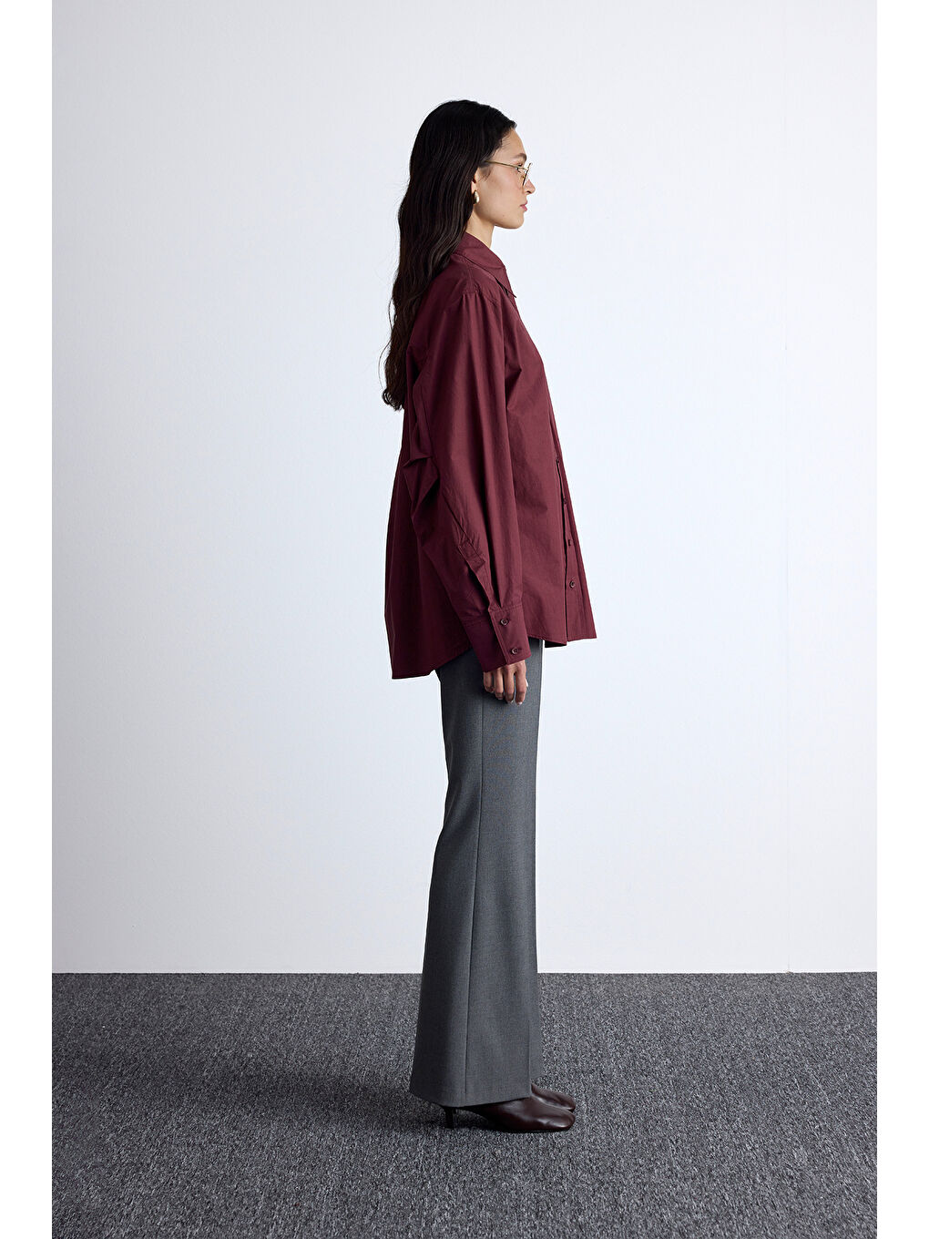 Pile Detaylı Oversıze Gömlek Bordo-2
