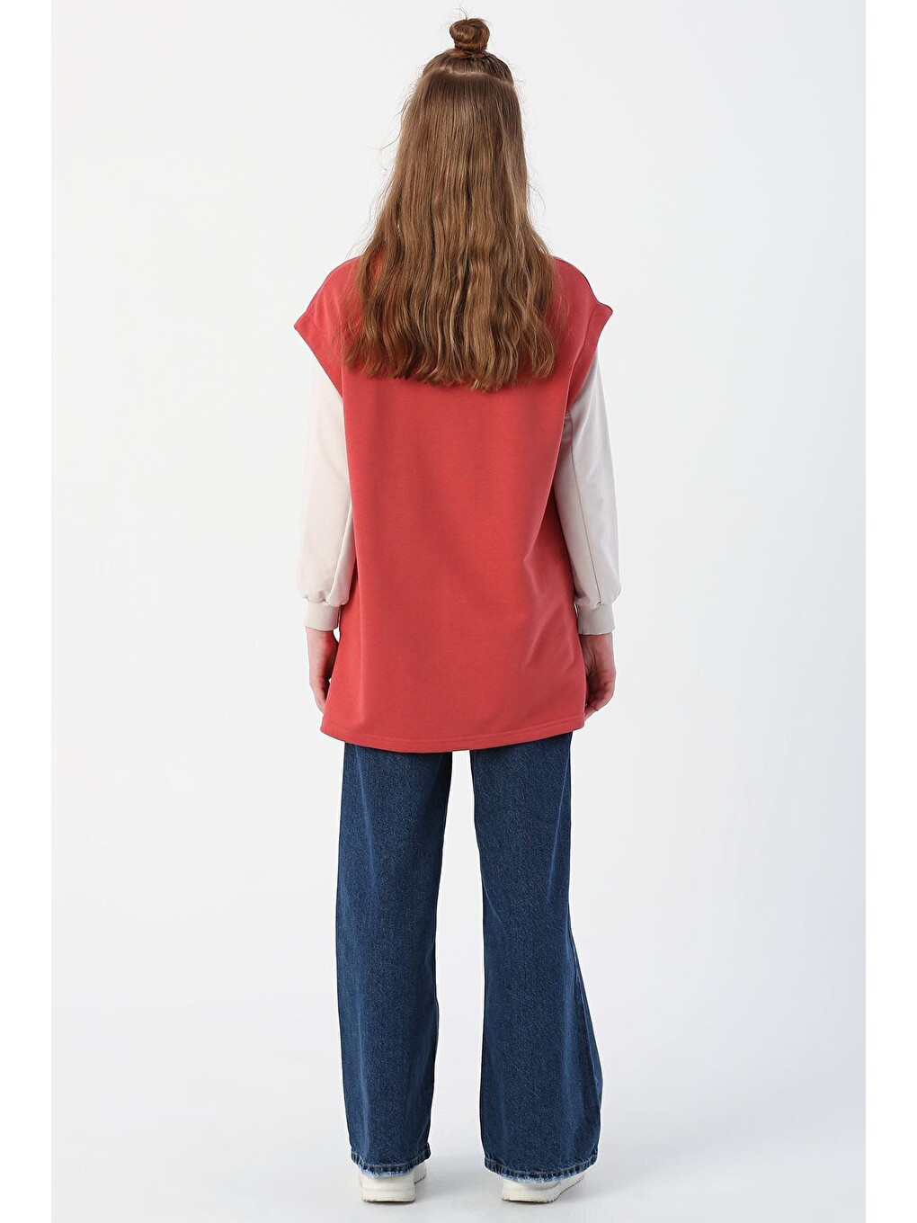 Pembe Gül Oversize Pamuklu Yırtmaç Detaylı Basic Süveter-3