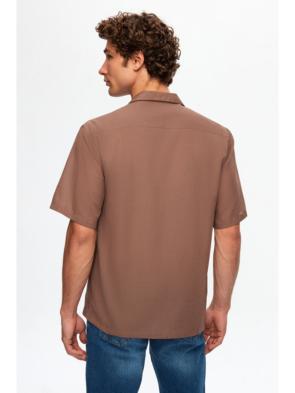Ds Damat Relaxed Kahverengi Düz Pamuklu Keten Görünümlü İzci Yaka Yazlık Gömlek-3