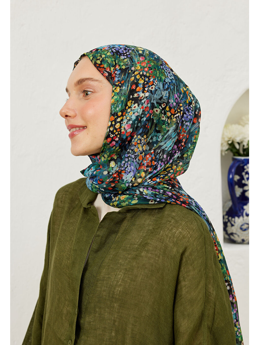 Tıny Bouquet Desen Rami Şal Siyah-4