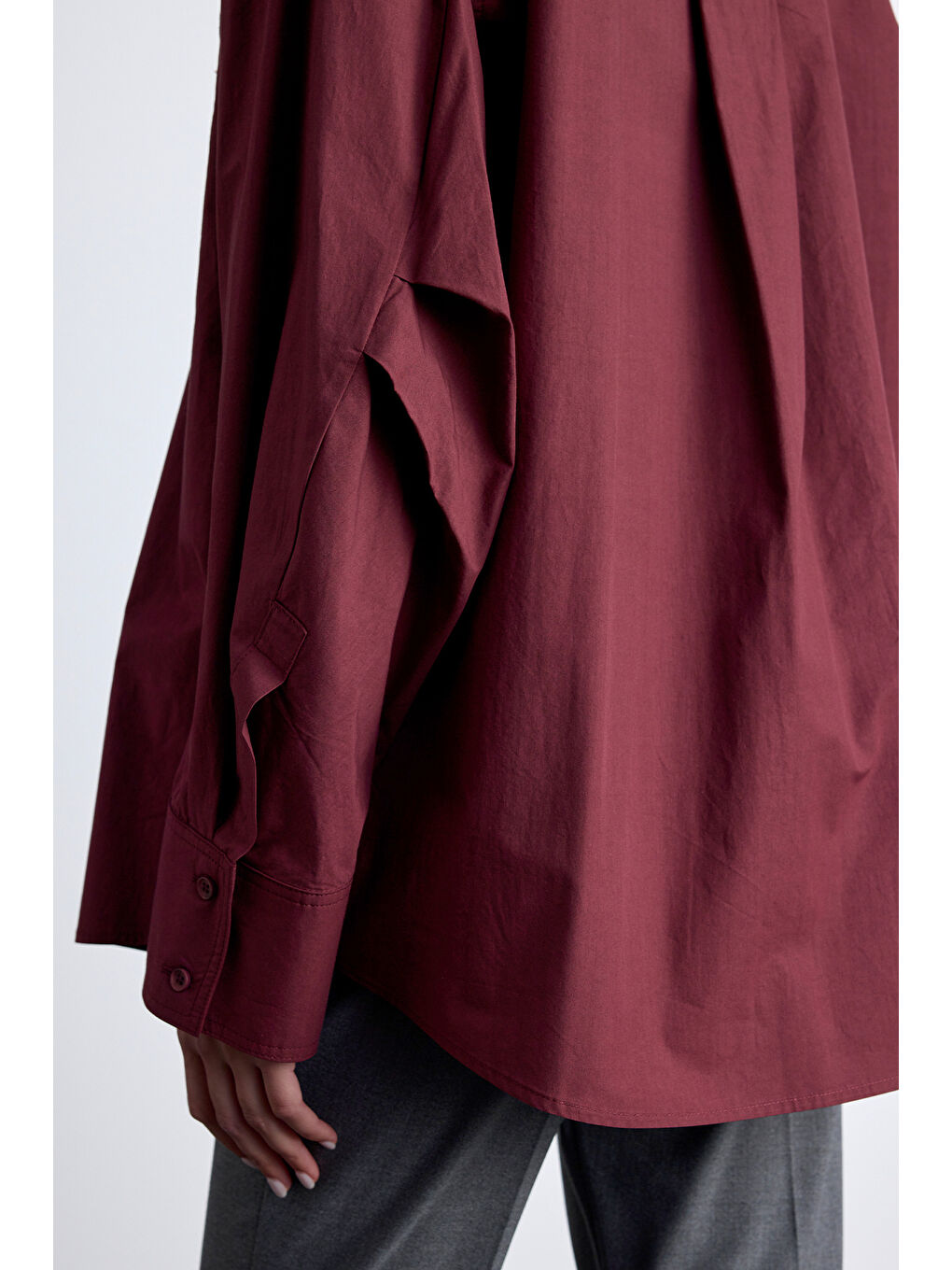 Pile Detaylı Oversıze Gömlek Bordo-3