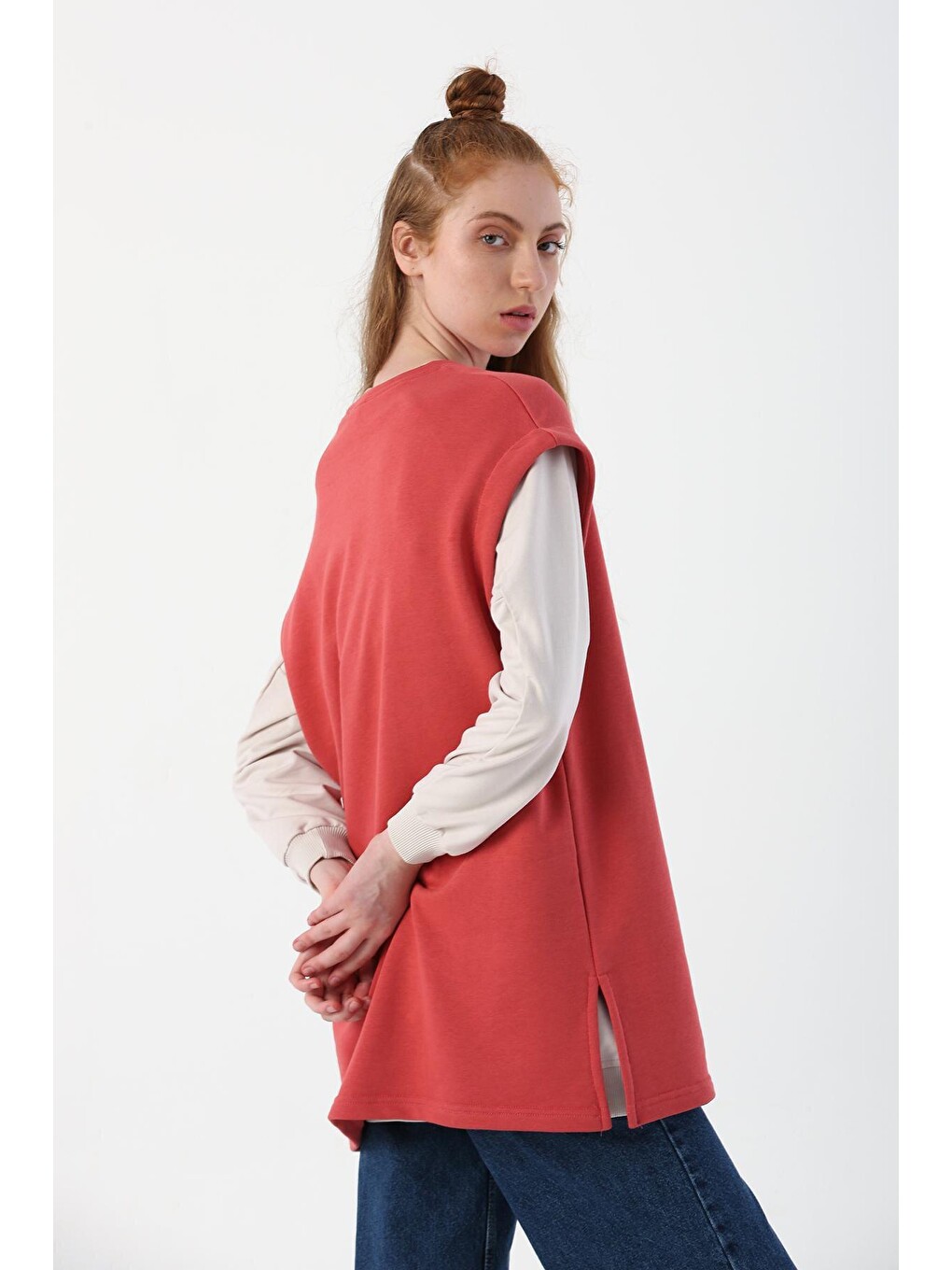 Pembe Gül Oversize Pamuklu Yırtmaç Detaylı Basic Süveter-4