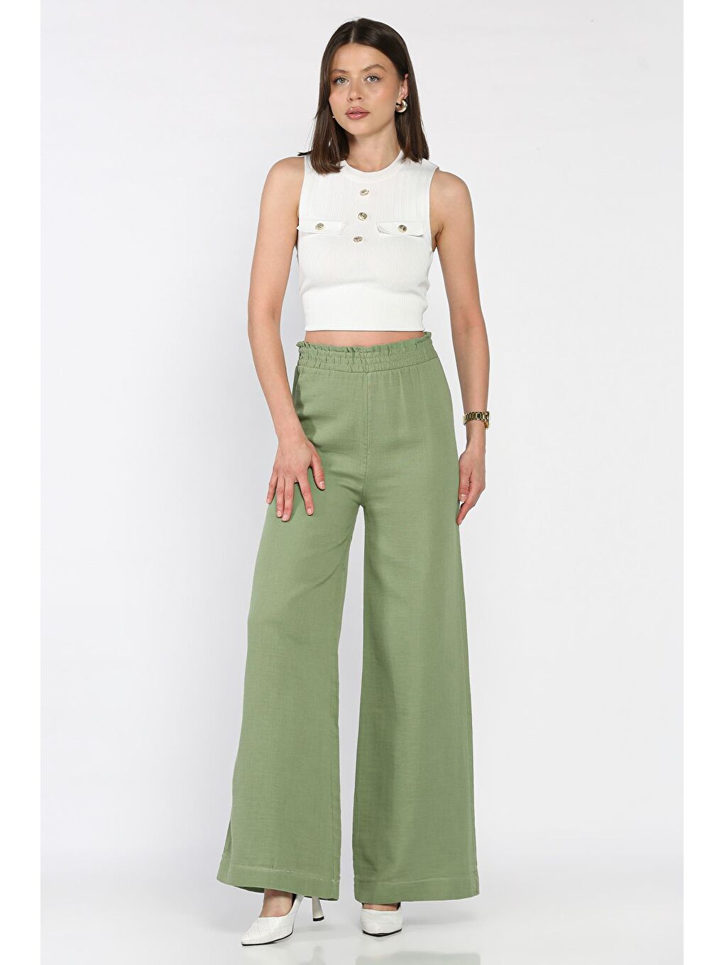Haki Kadın Bel Lastikli Yüksek Bel Bol Paça Palazzo Pantolon