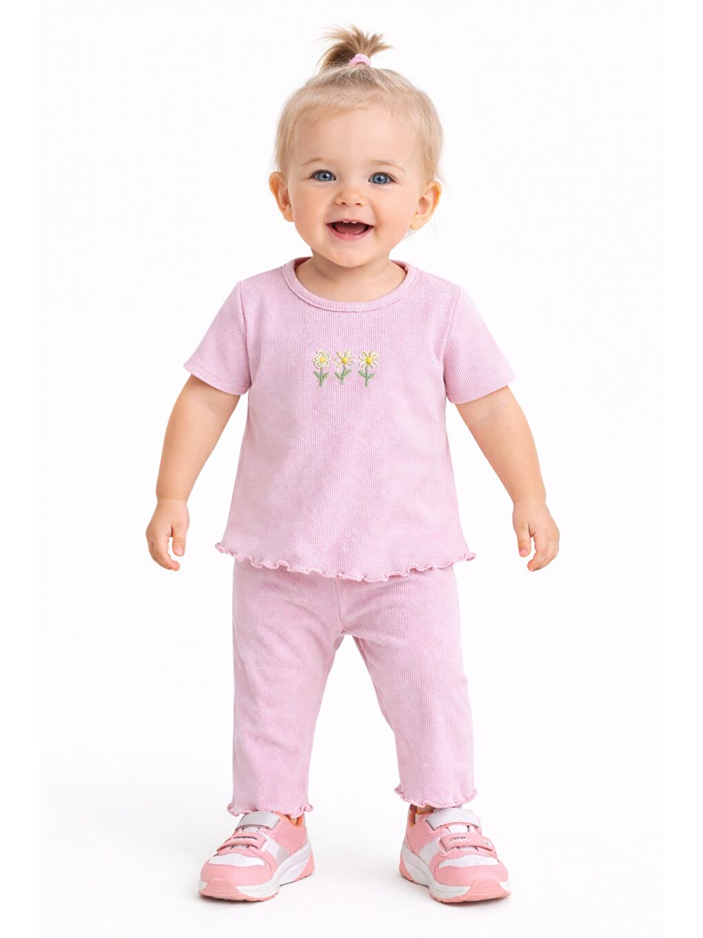 Pembe Çiçek Nakışlı Fırfır Detaylı Kız Bebek 2’li Takım