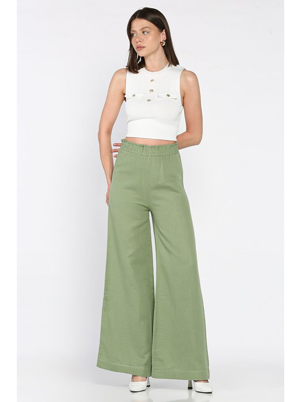 Haki Kadın Bel Lastikli Yüksek Bel Bol Paça Palazzo Pantolon-1