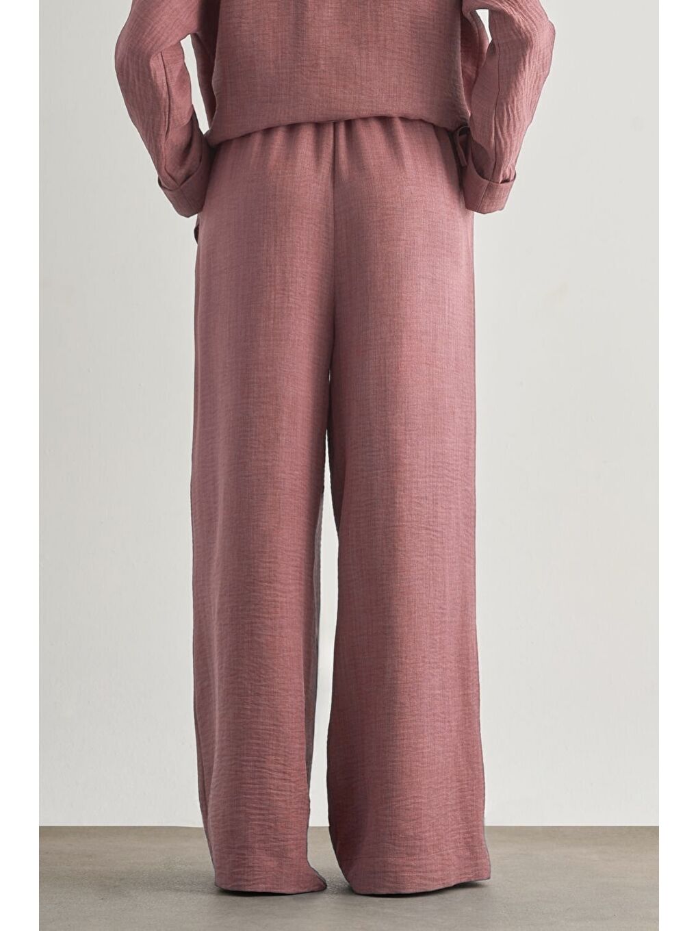 Keten Dokulu Beli Lastikli Pudra Pembe Bol Kesim Pantolon-3