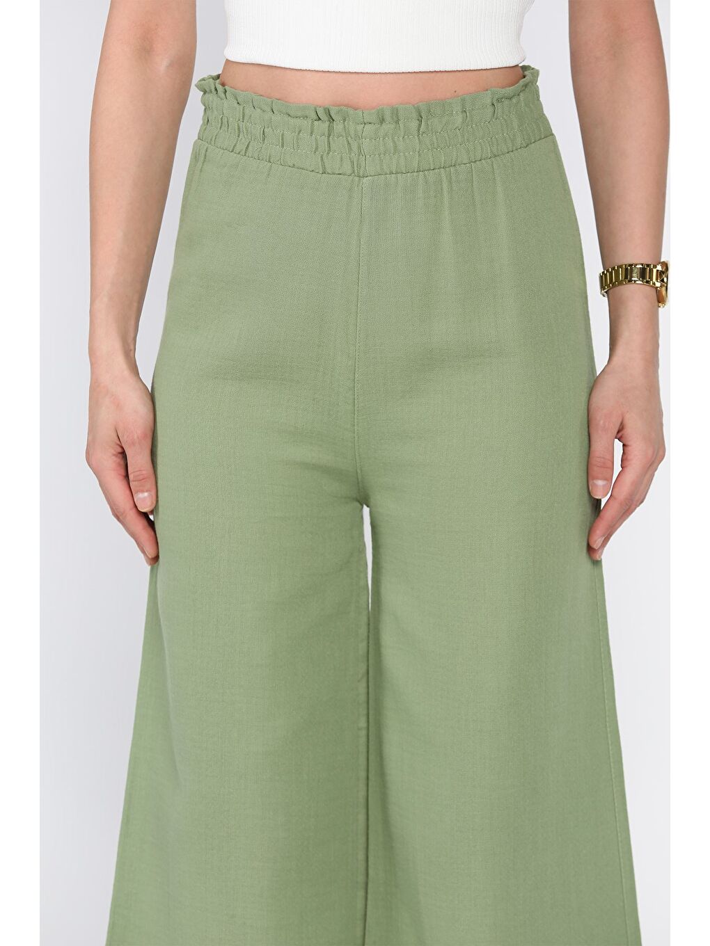 Haki Kadın Bel Lastikli Yüksek Bel Bol Paça Palazzo Pantolon-2