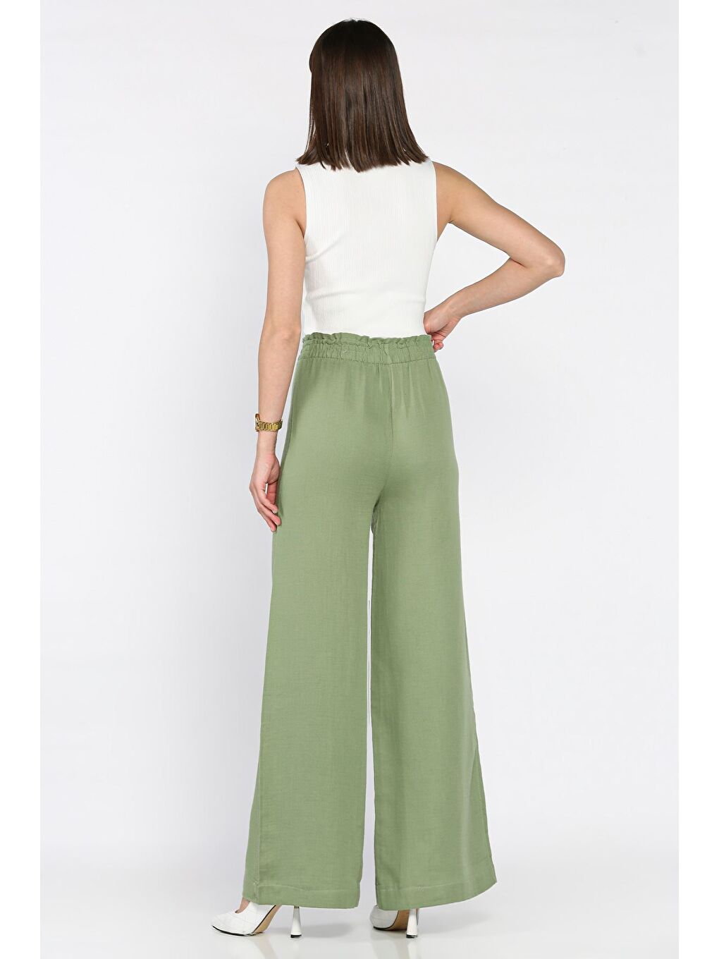 Haki Kadın Bel Lastikli Yüksek Bel Bol Paça Palazzo Pantolon-3