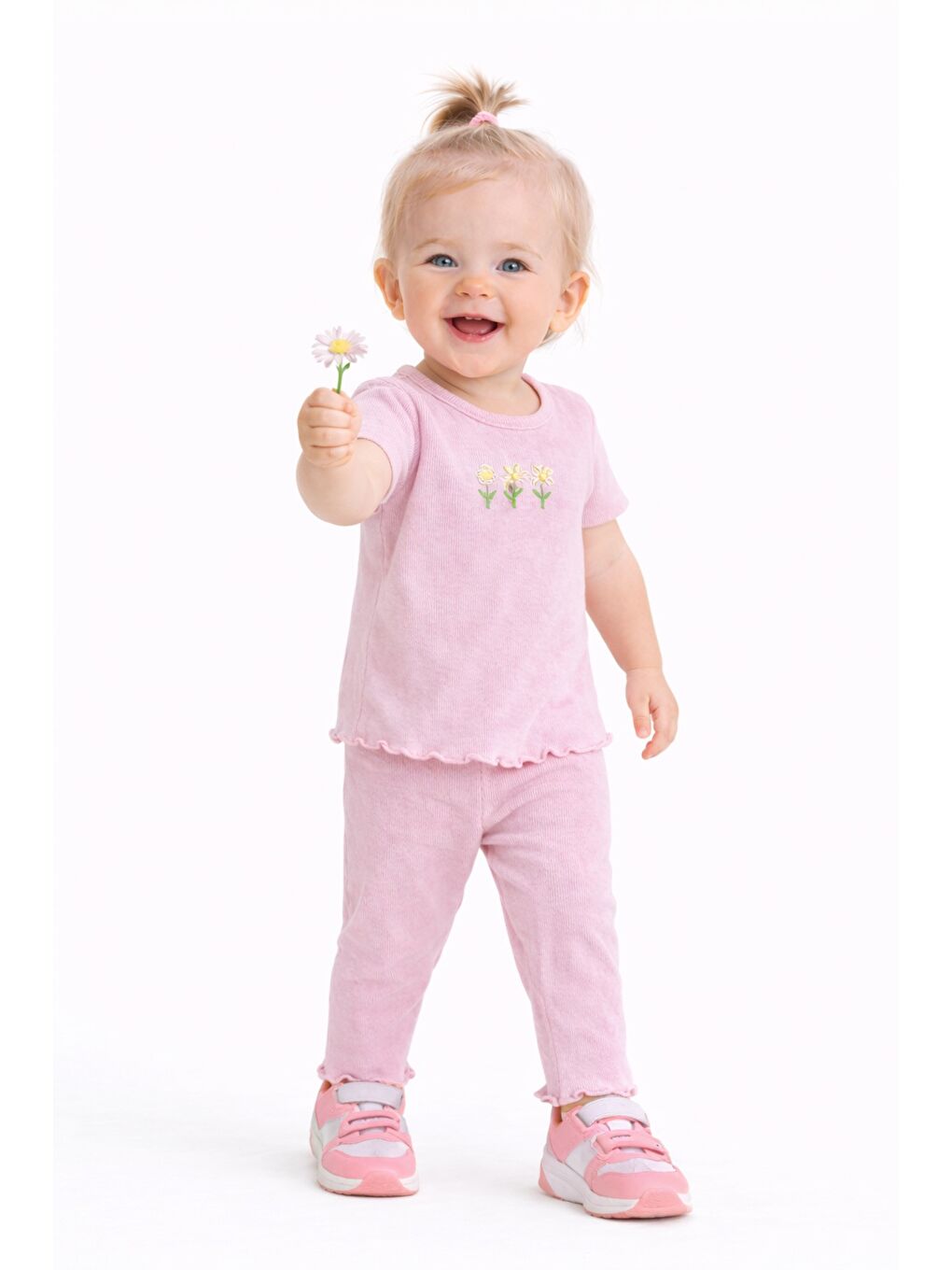 Pembe Çiçek Nakışlı Fırfır Detaylı Kız Bebek 2’li Takım-1