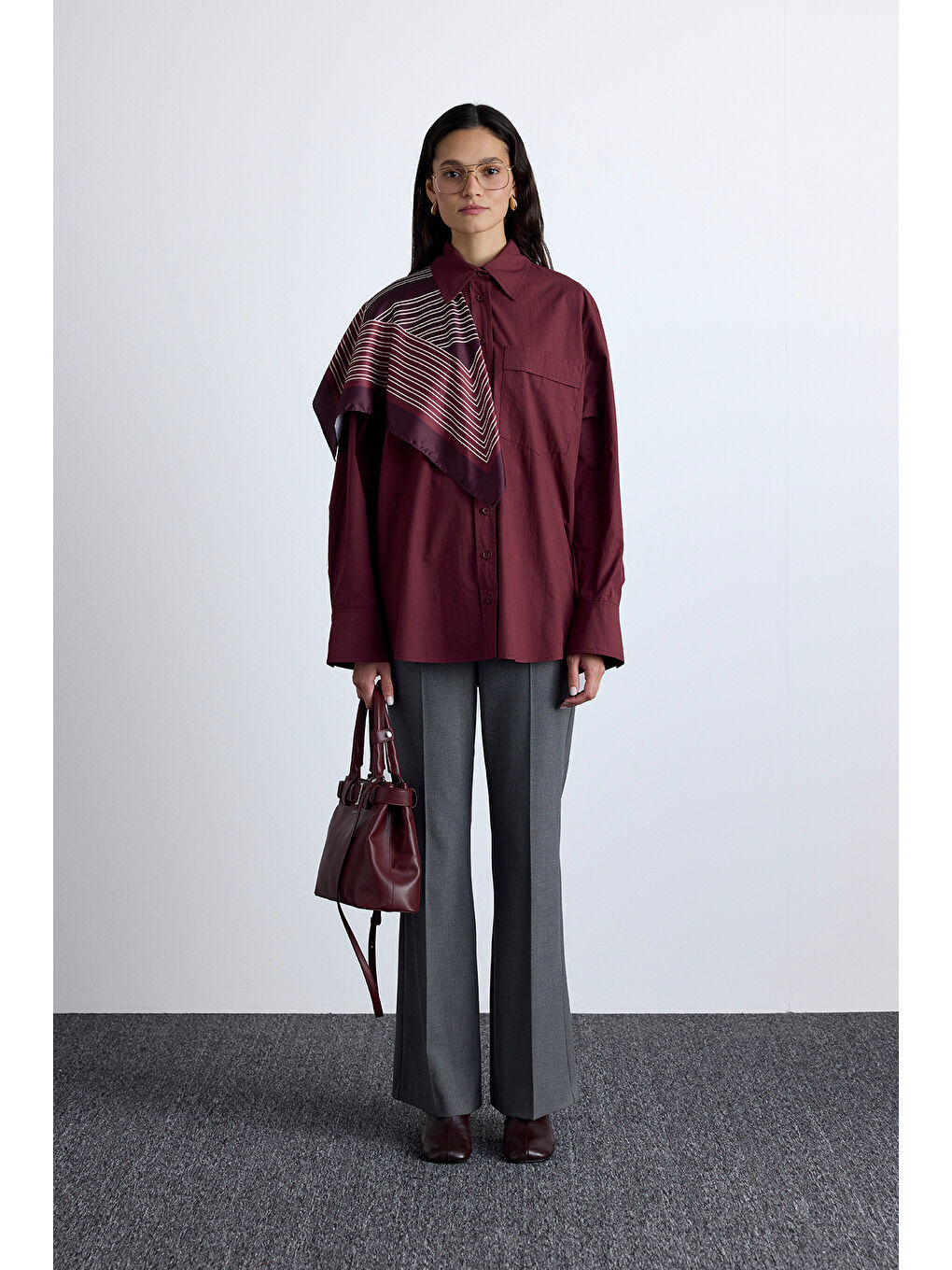 Pile Detaylı Oversıze Gömlek Bordo-4