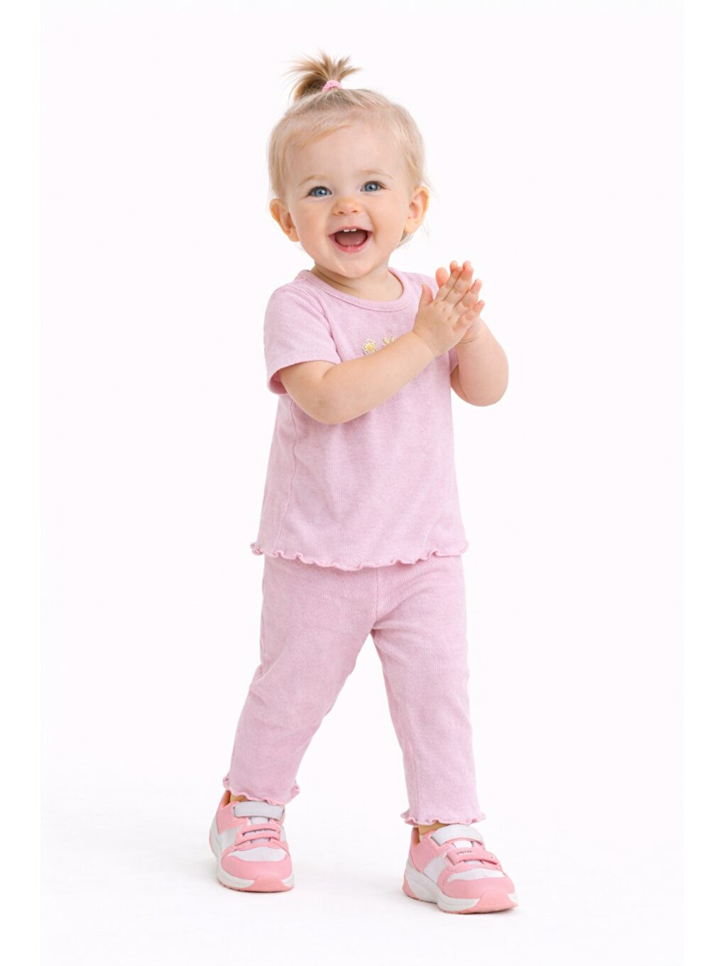 Pembe Çiçek Nakışlı Fırfır Detaylı Kız Bebek 2’li Takım-2