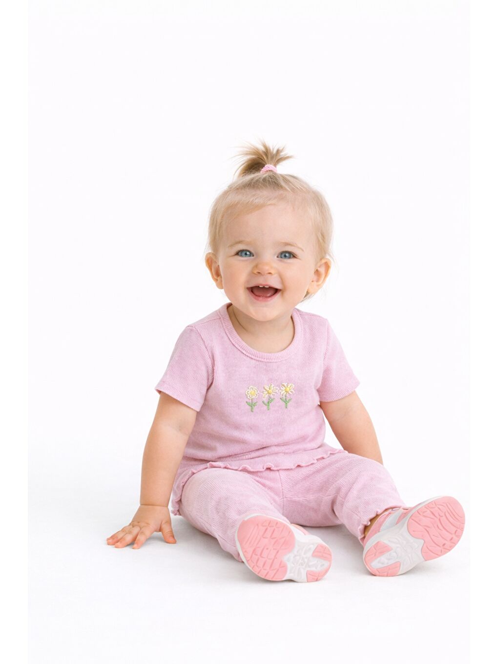 Pembe Çiçek Nakışlı Fırfır Detaylı Kız Bebek 2’li Takım-4