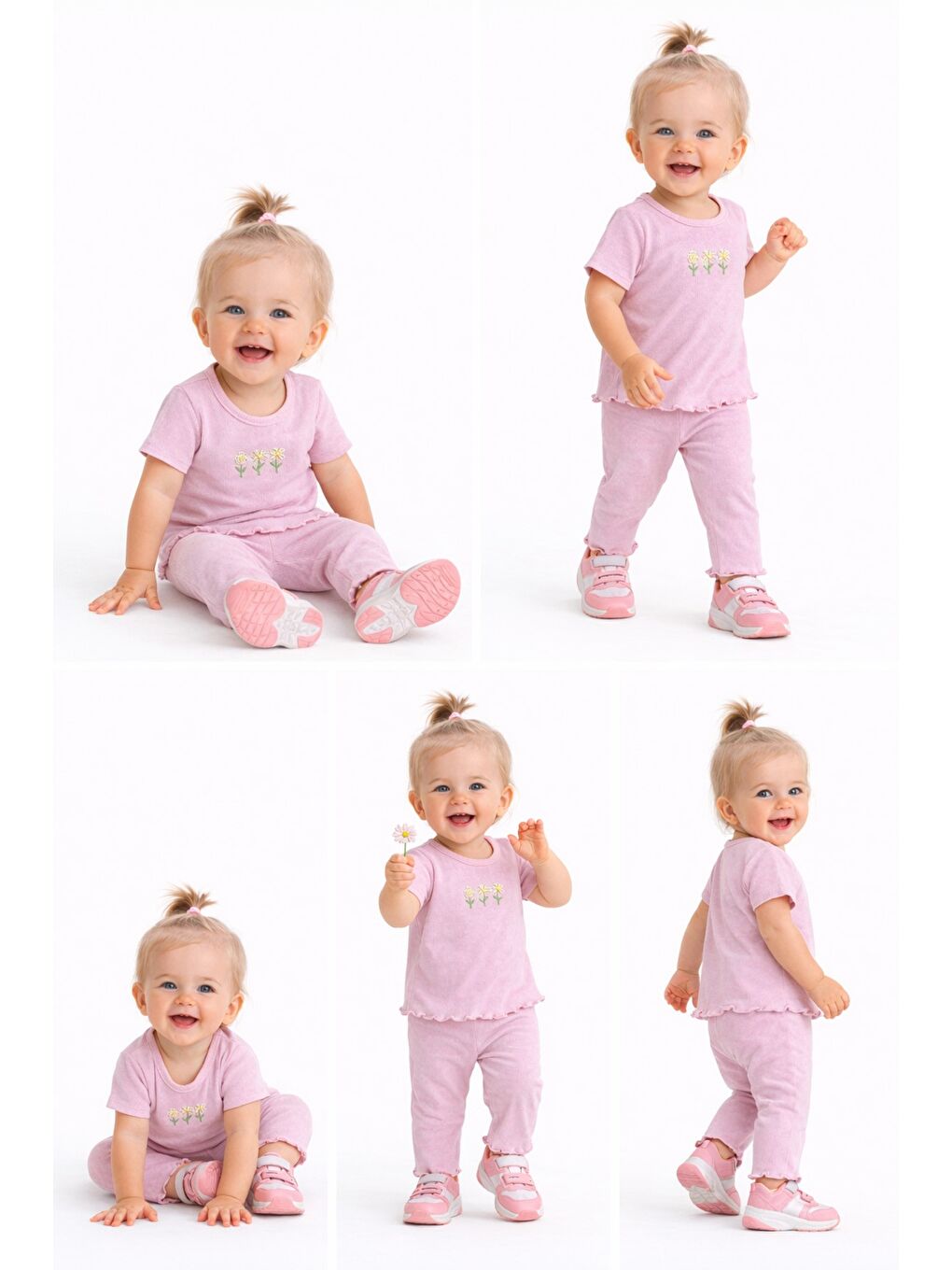 Pembe Çiçek Nakışlı Fırfır Detaylı Kız Bebek 2’li Takım-5