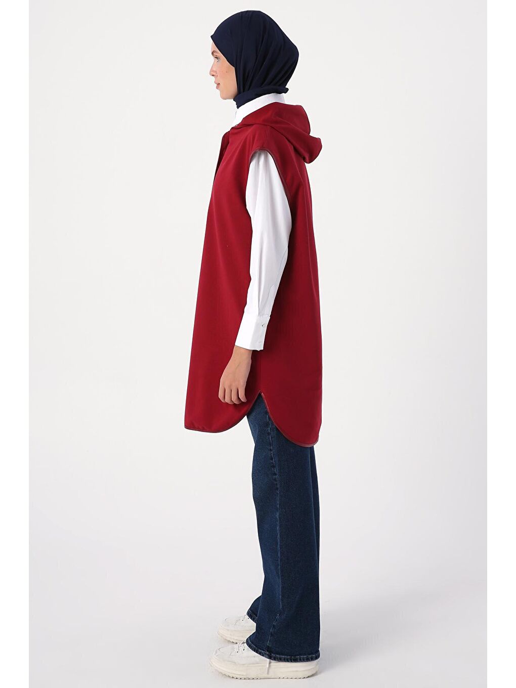 Koyu Bordo Yarım Patlı Kapüşonlu Örme Süveter-2