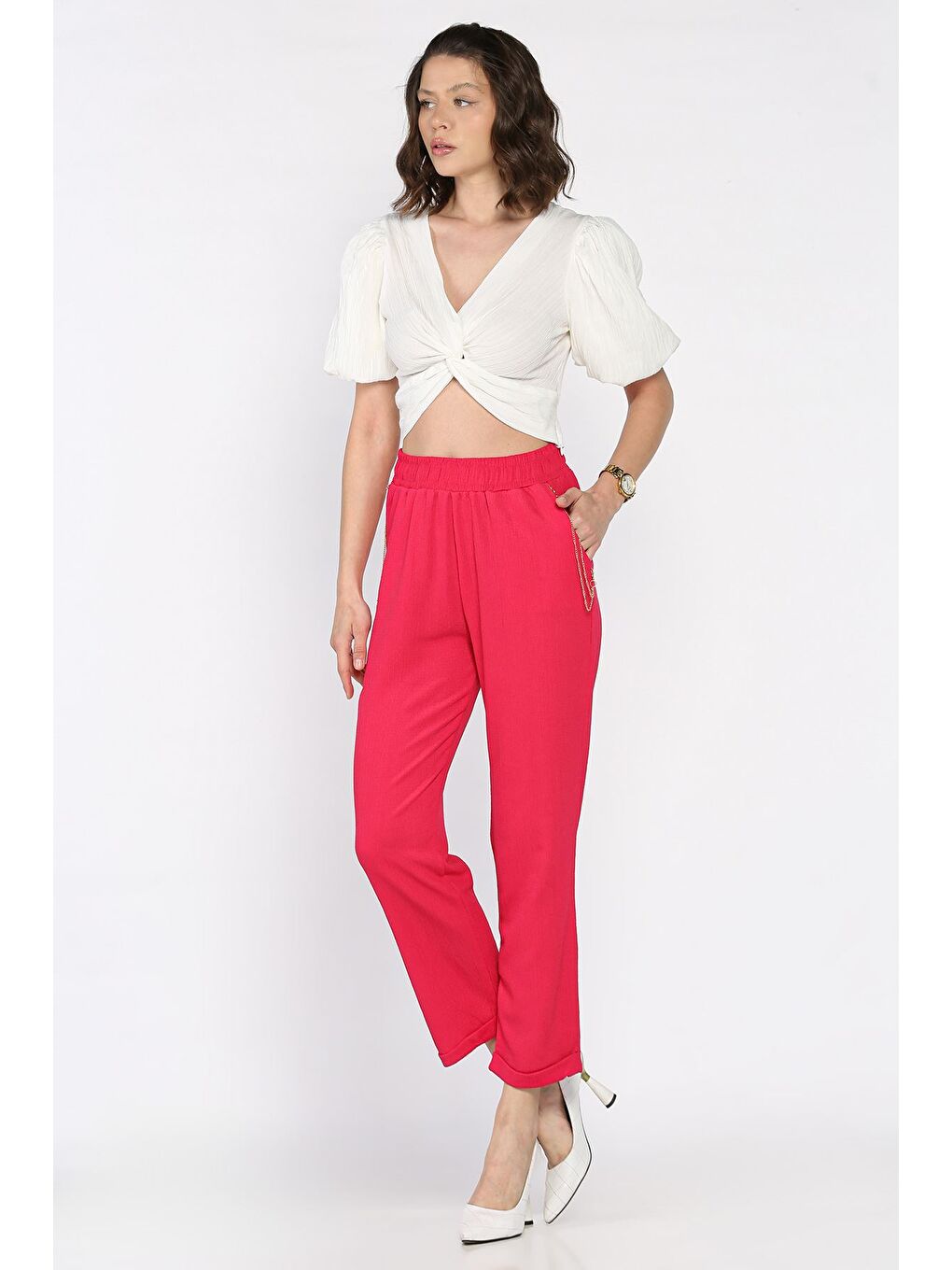 Fuşya Kadın Bel Lastikli Zincir Aksesuarlı Duble Paça Pantolon