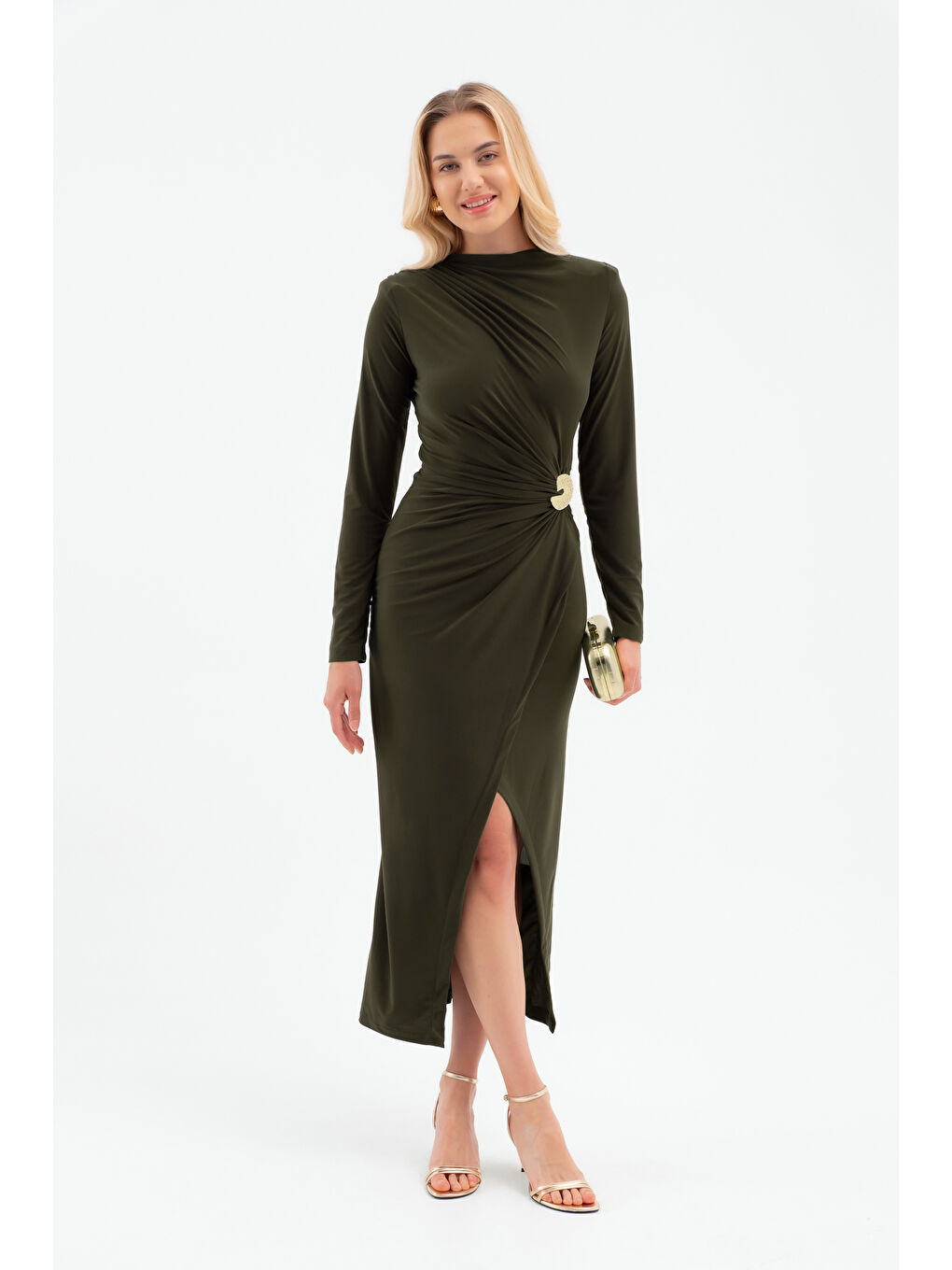 Kadın Haki Aksesuar Detay Midi Elbise