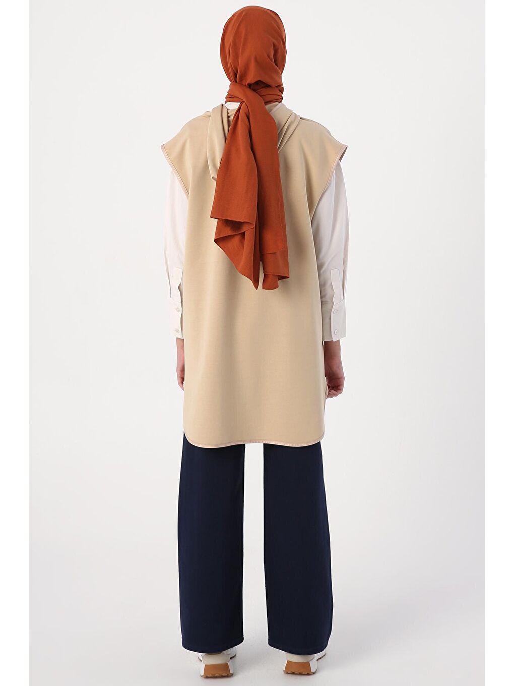 Bej Yarım Patlı Kapüşonlu Örme Süveter-3