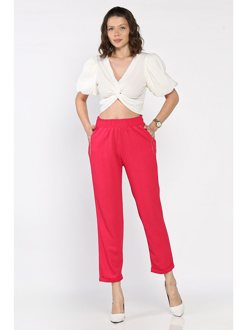 Fuşya Kadın Bel Lastikli Zincir Aksesuarlı Duble Paça Pantolon-1