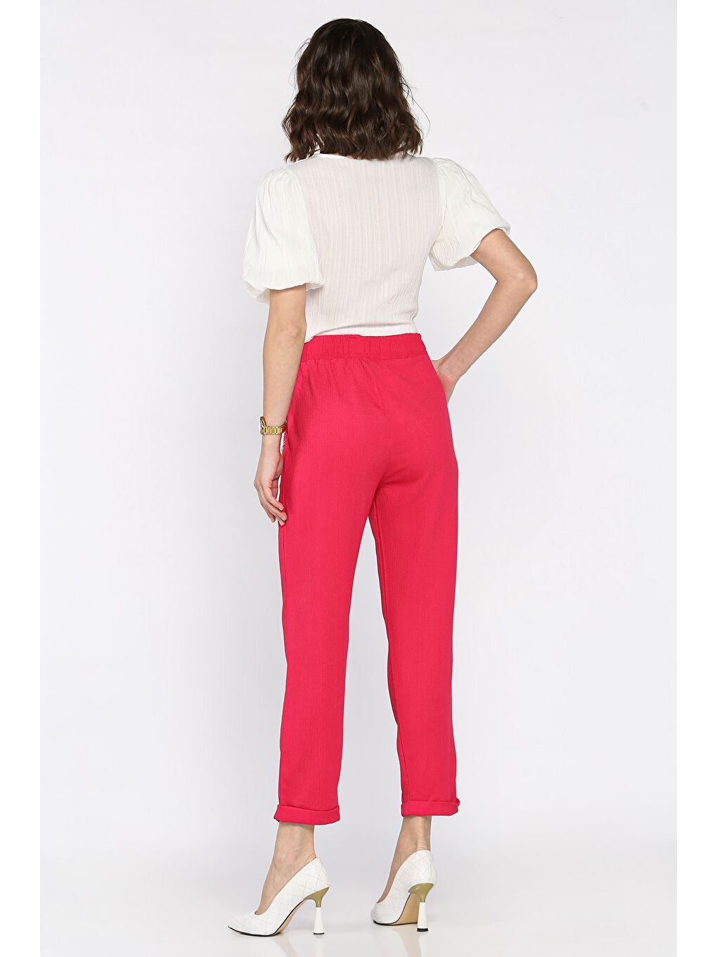 Fuşya Kadın Bel Lastikli Zincir Aksesuarlı Duble Paça Pantolon-2