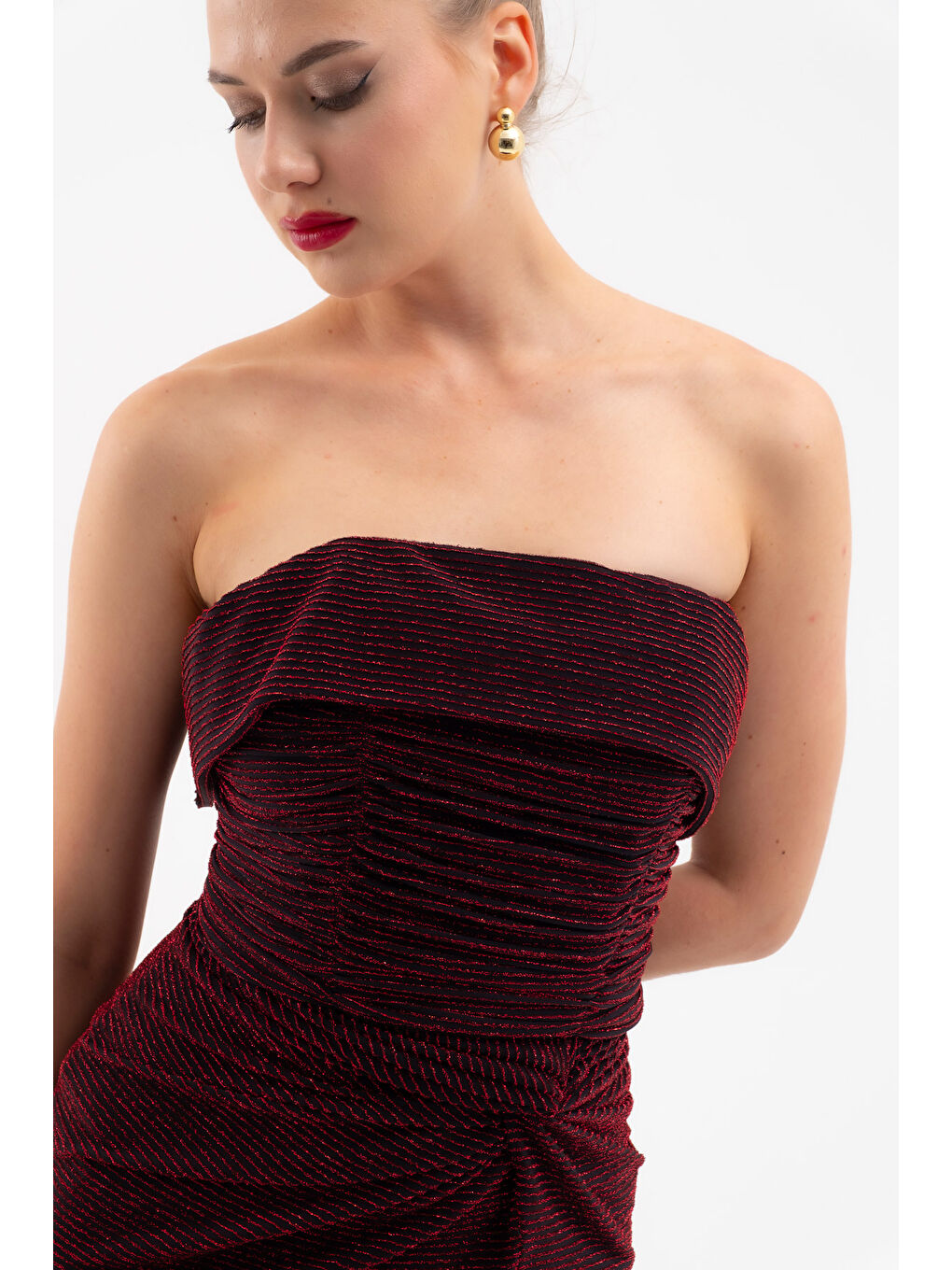 Kadın Bordo Straplez Yaka Düğüm Detay Uzun Abiye Elbise-4