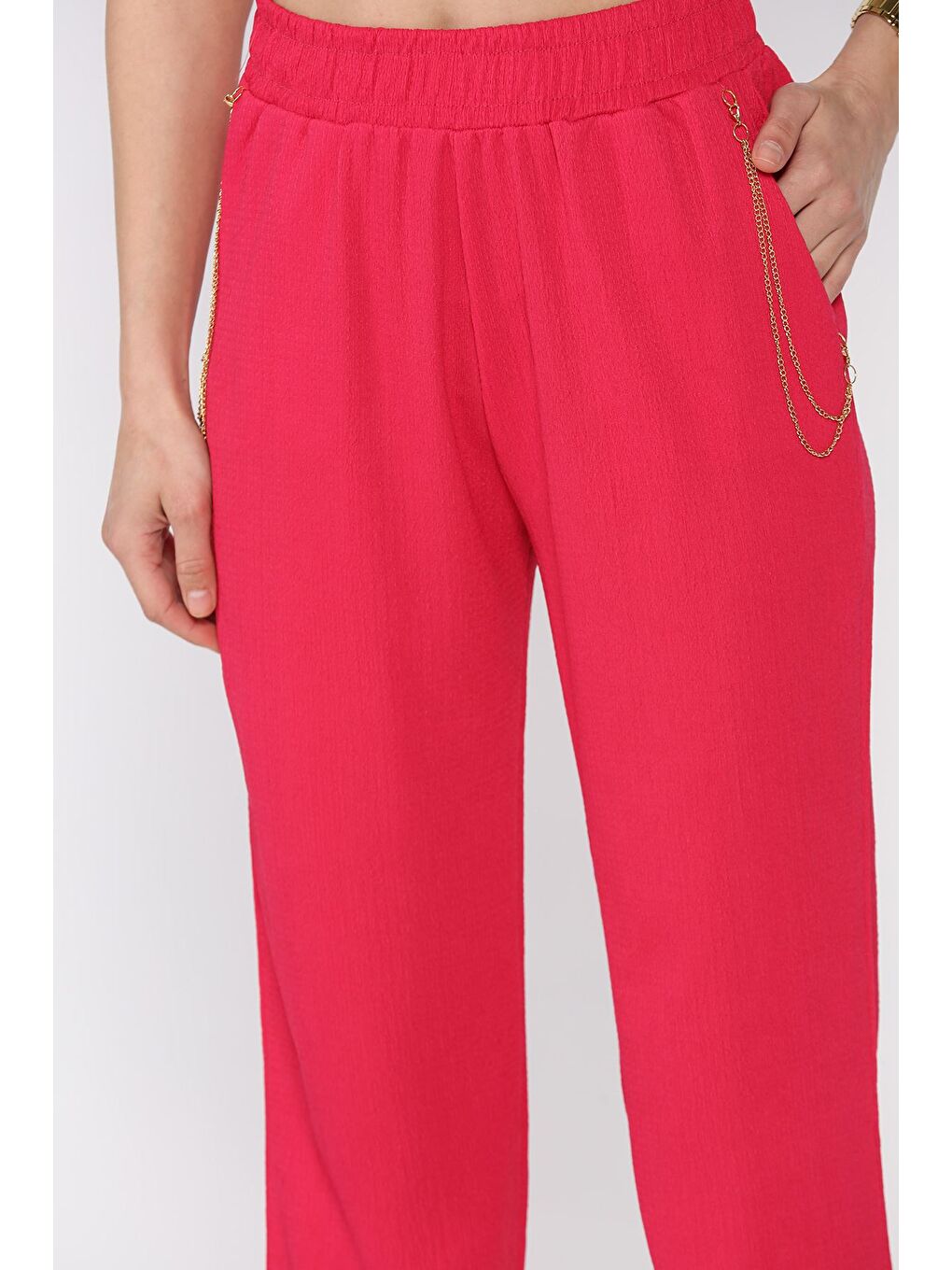 Fuşya Kadın Bel Lastikli Zincir Aksesuarlı Duble Paça Pantolon-3