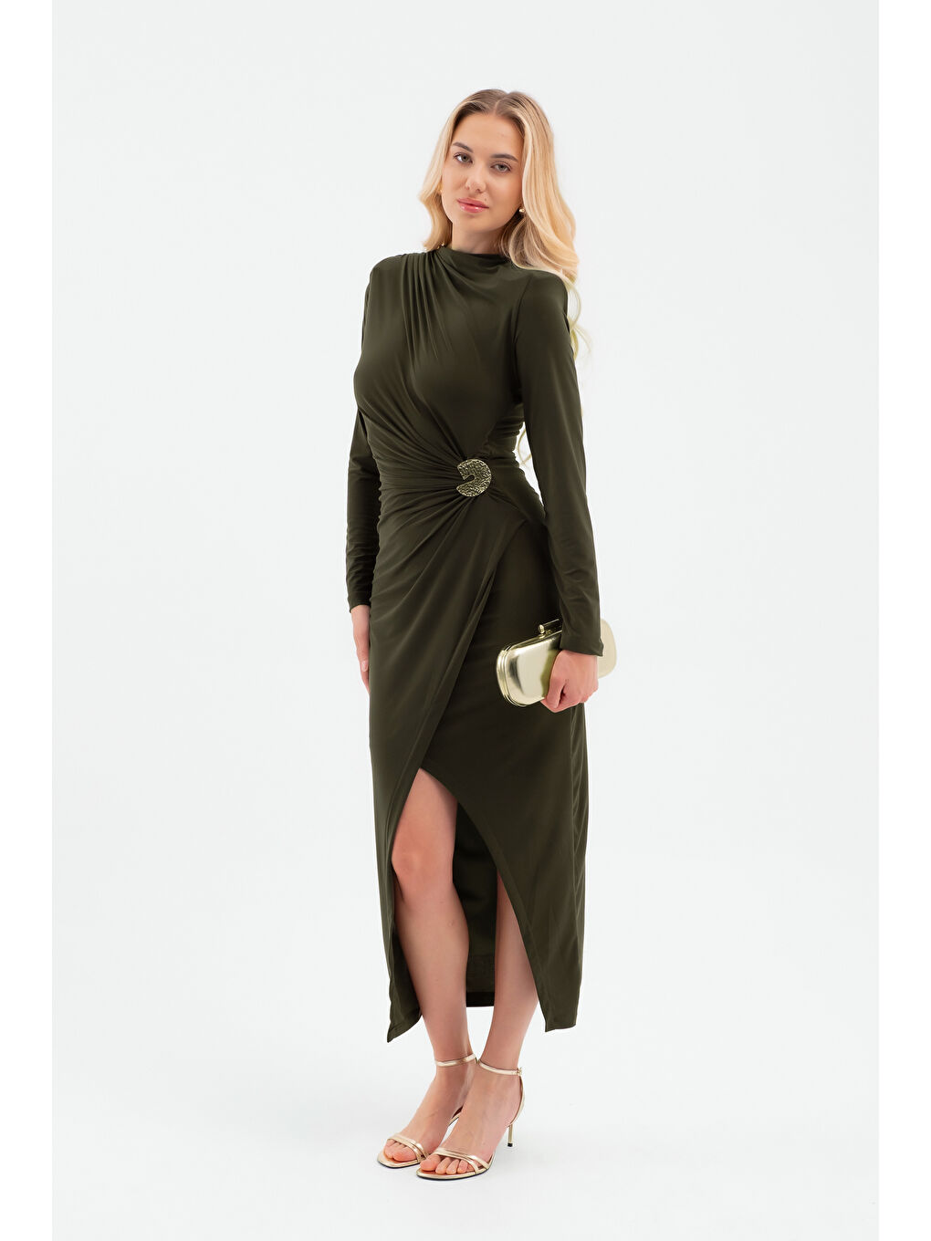Kadın Haki Aksesuar Detay Midi Elbise-1