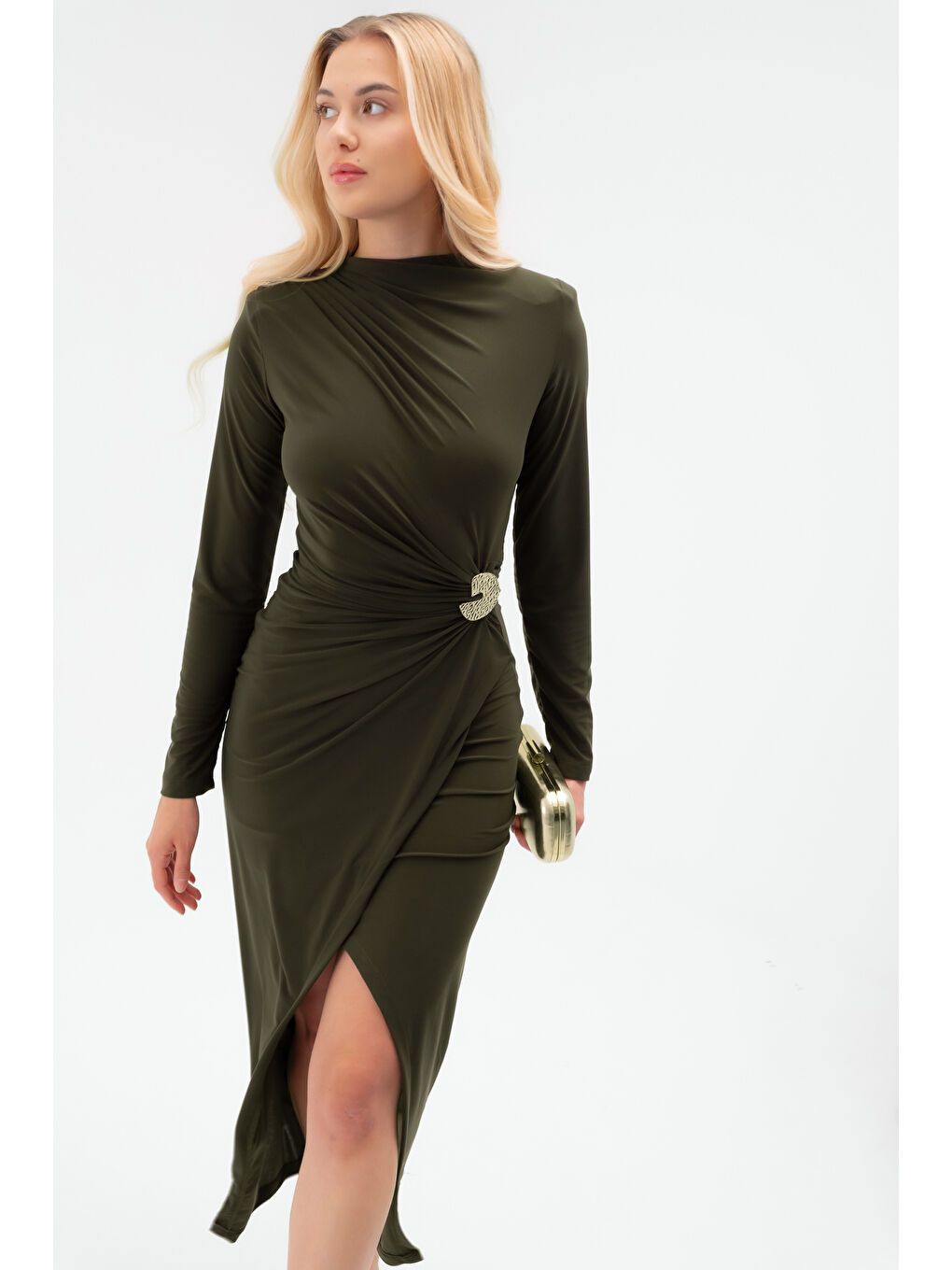 Kadın Haki Aksesuar Detay Midi Elbise-2