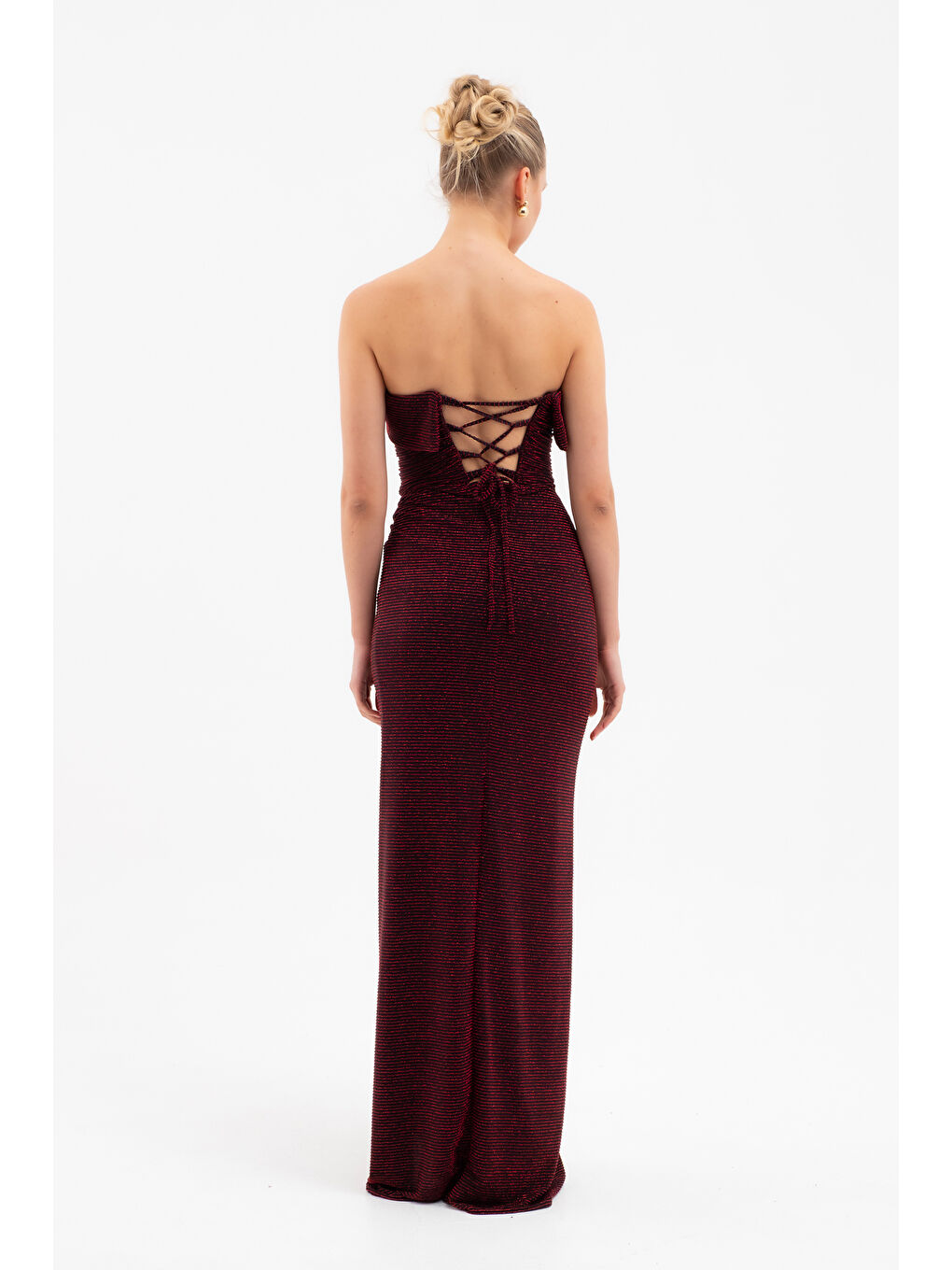 Kadın Bordo Straplez Yaka Düğüm Detay Uzun Abiye Elbise-5